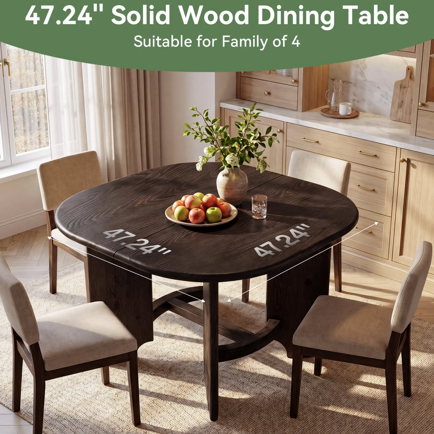 47" Solid Wood Square Dining Table for 4, Farmhouse Kitchen & Dining Room Table