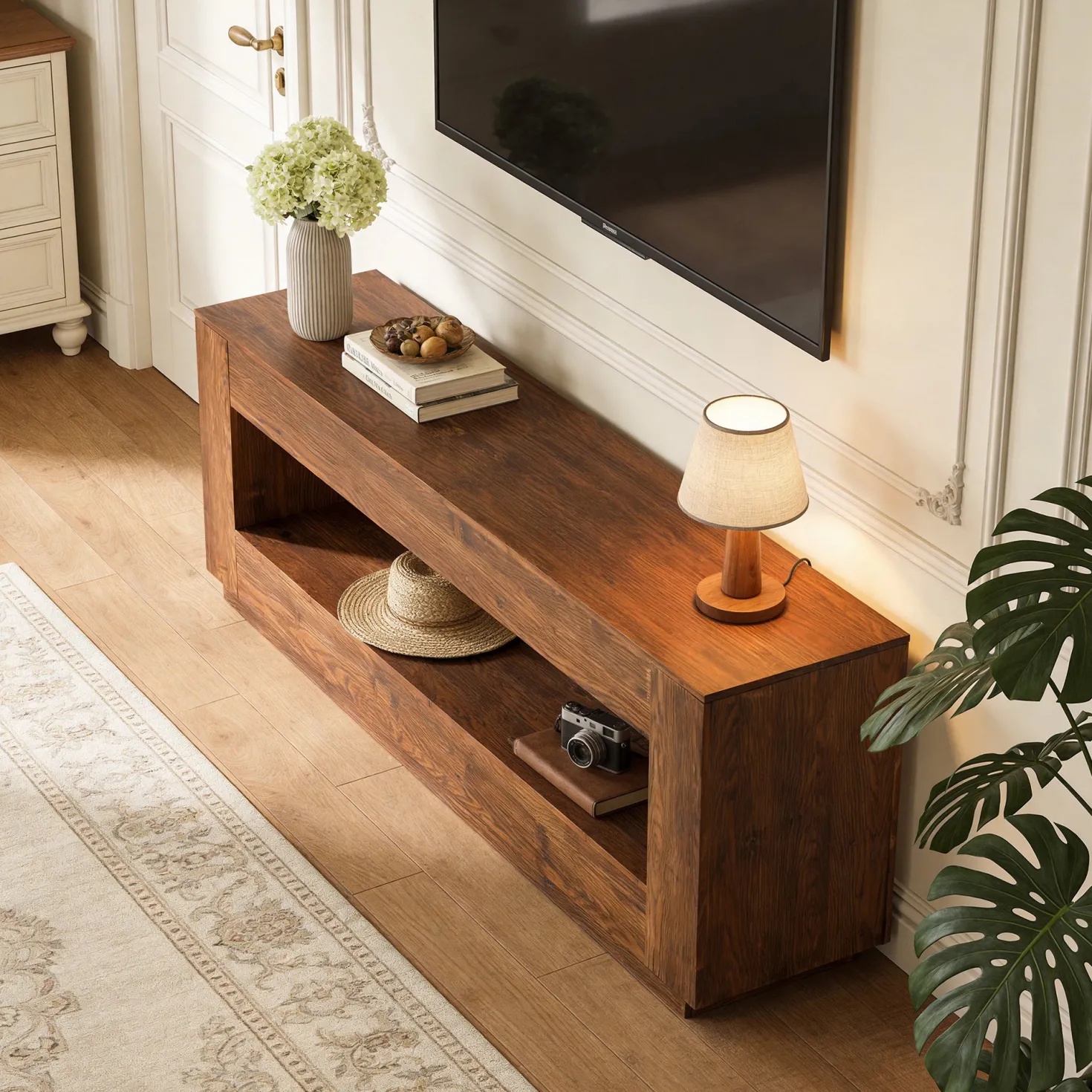 70.87" Solid Wood TV Stand, 2-Tier Entertainment Center for up to 80" TV