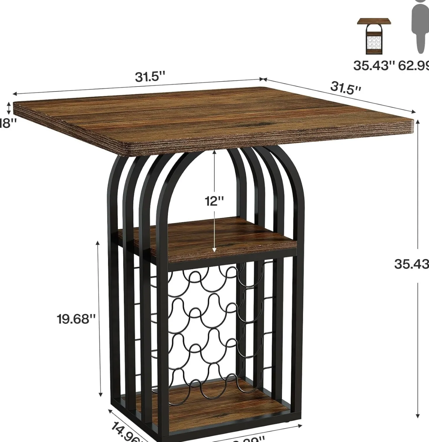 31.5" Square Bar Table, Bistro Pub Table Cocktail Home Bar Unit with 4-Tier Wine Rack Storage