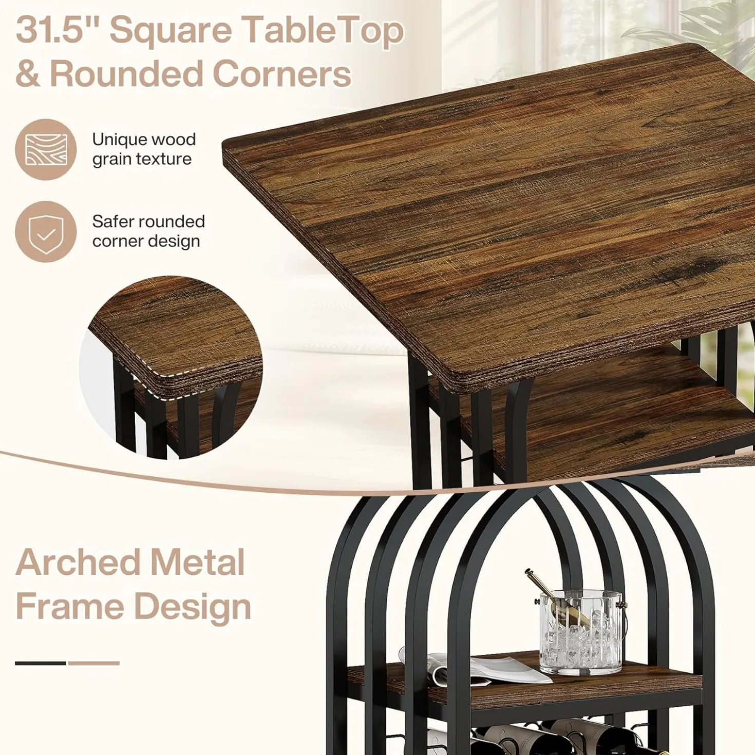 31.5" Square Bar Table, Bistro Pub Table Cocktail Home Bar Unit with 4-Tier Wine Rack Storage