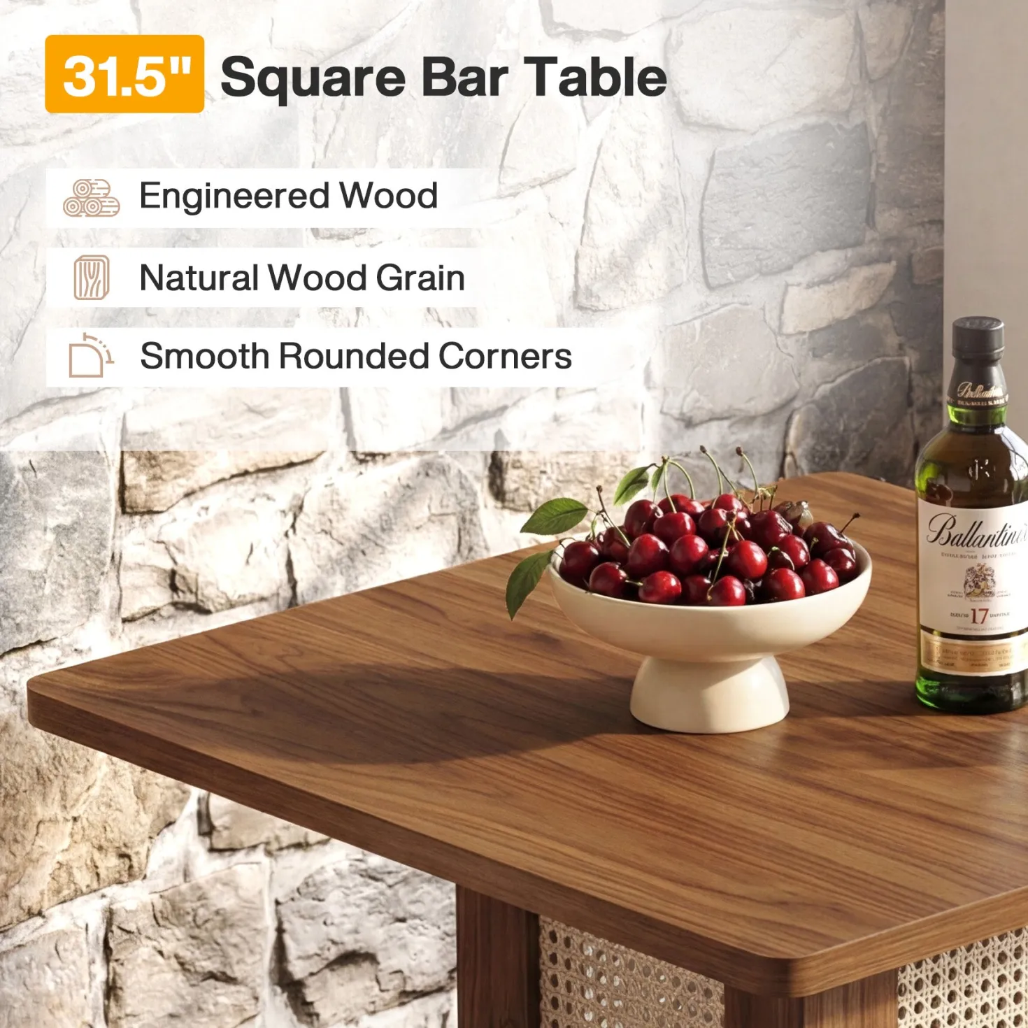 31.5" Square Bar Table, Rattan Pub Table with Footrest for Kitchen Breakfast Nook