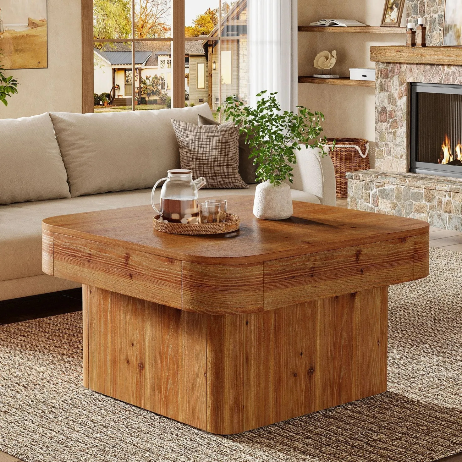 31.5" Square Coffee Table, Farmhouse Solid Wood Center Table