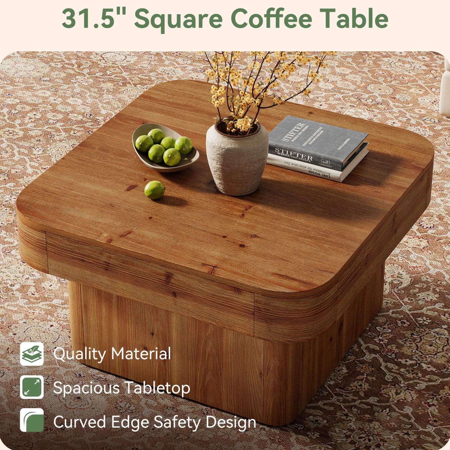31.5" Square Coffee Table, Farmhouse Solid Wood Center Table