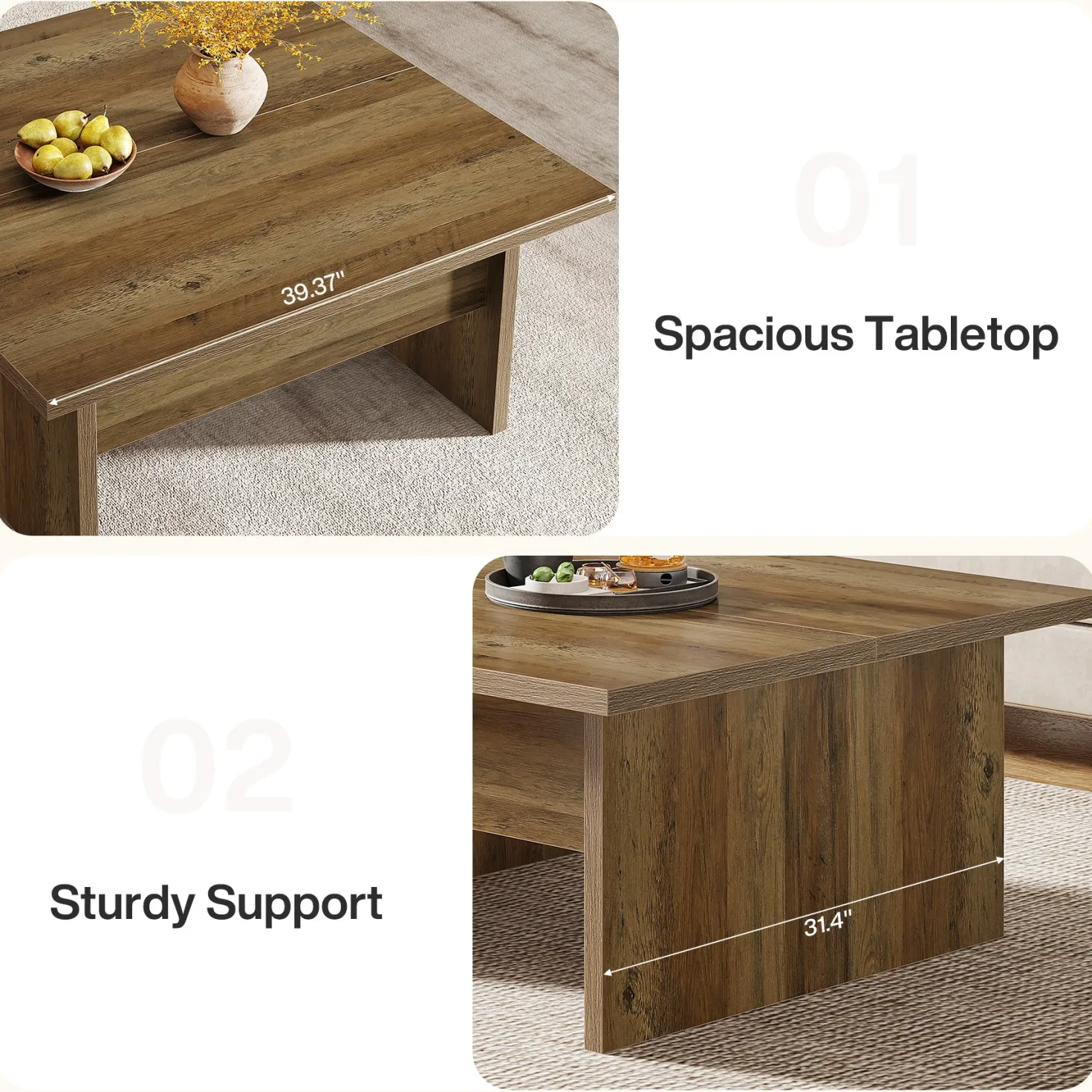 39.4" Square Coffee Table, Farmhouse Cocktail Tea Center Table for Living Room