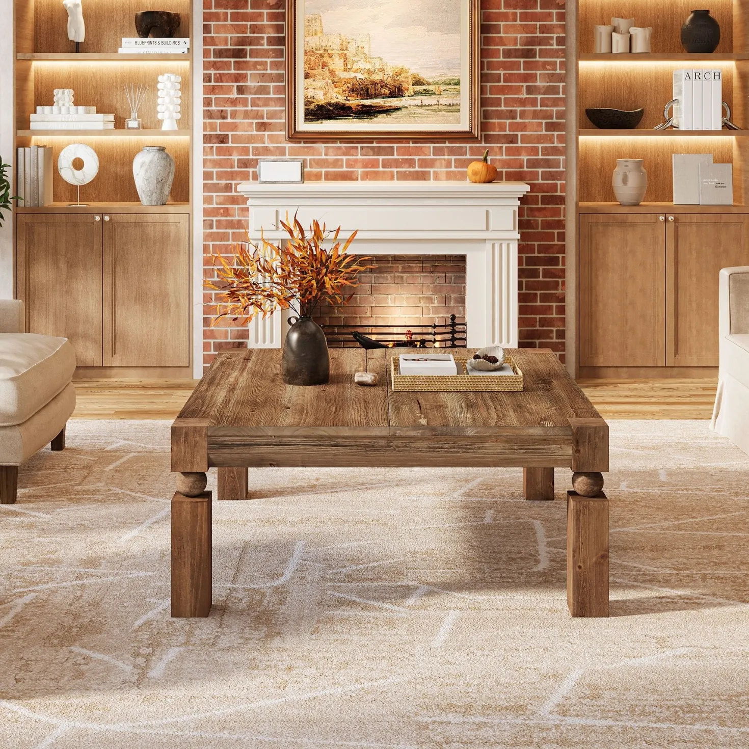 39" Square Coffee Table, Farmhouse Wood Accent Center Table with Sturdy Legs