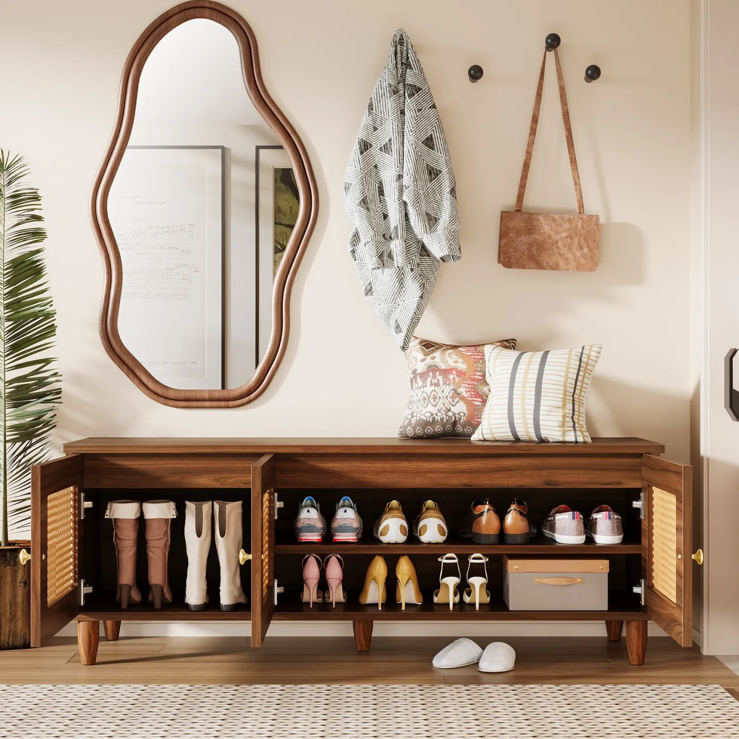 55" Storage Bench, 2-Tier Shoe Bench with Lift Top Storage