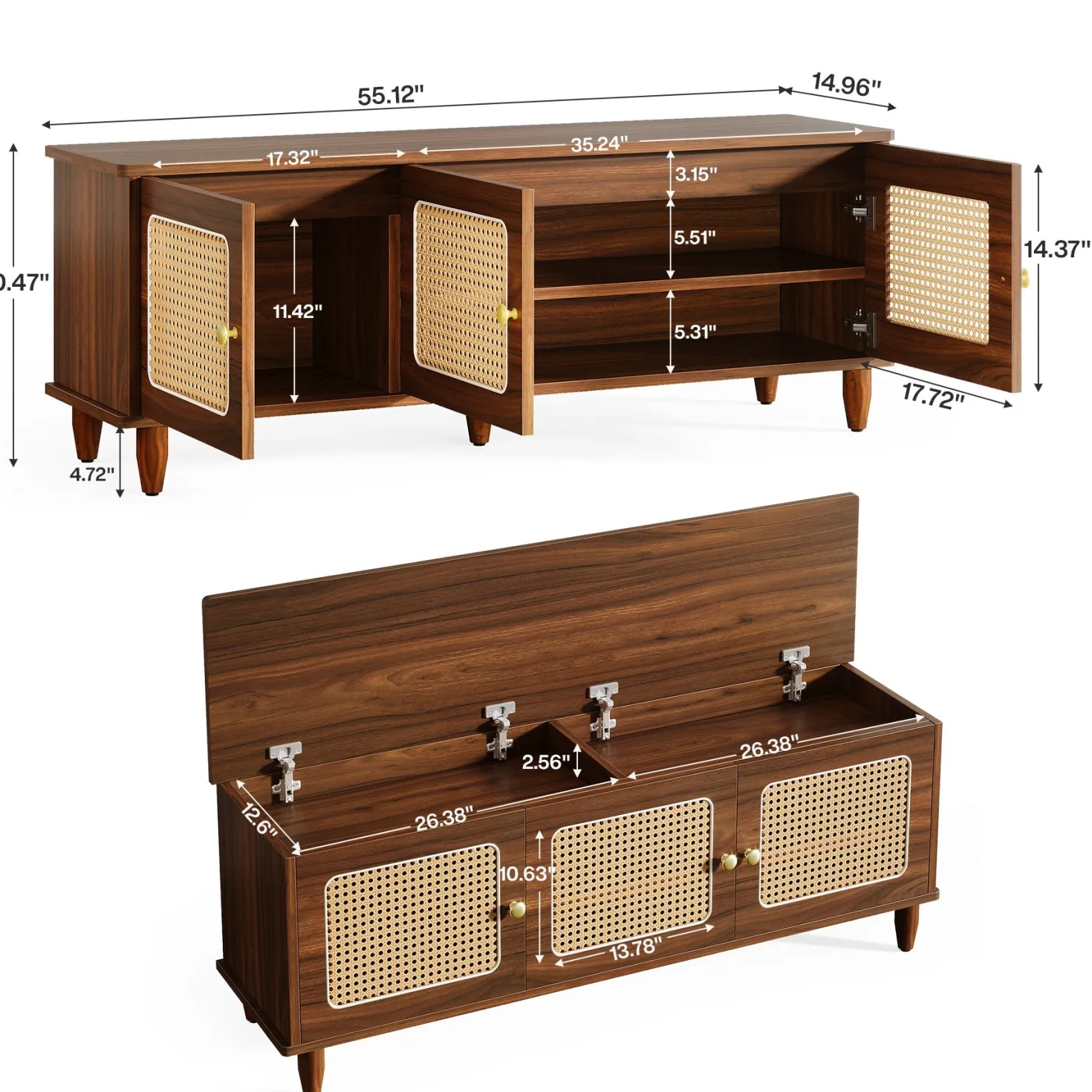 55" Storage Bench, 2-Tier Shoe Bench with Lift Top Storage
