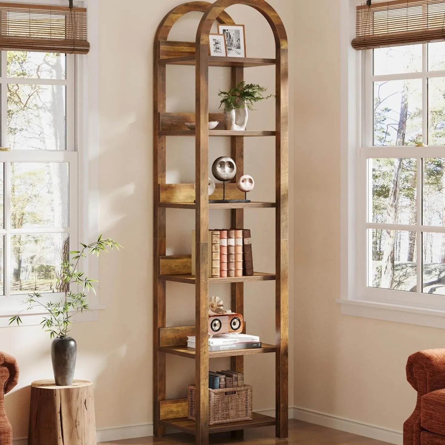 71" Tall and Narrow Bookshelf, 6-Tier Arched Bookcase Open Storage Rack