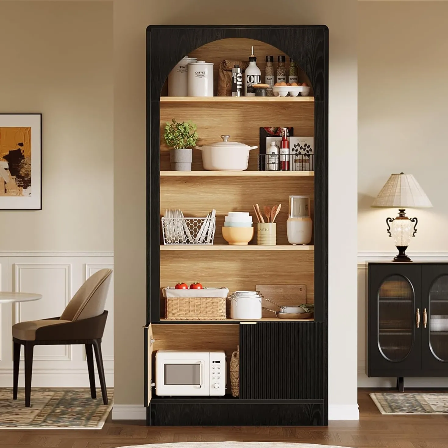 71" Tall Bookcase, 5-Tier Arched Bookshelf with Storage Cabinet and Fluted Doors