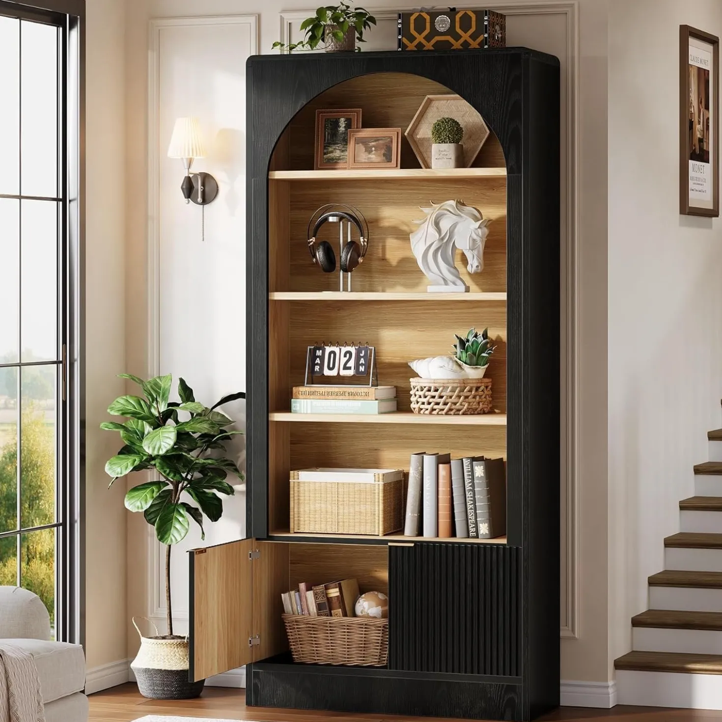 71" Tall Bookcase, 5-Tier Arched Bookshelf with Storage Cabinet and Fluted Doors