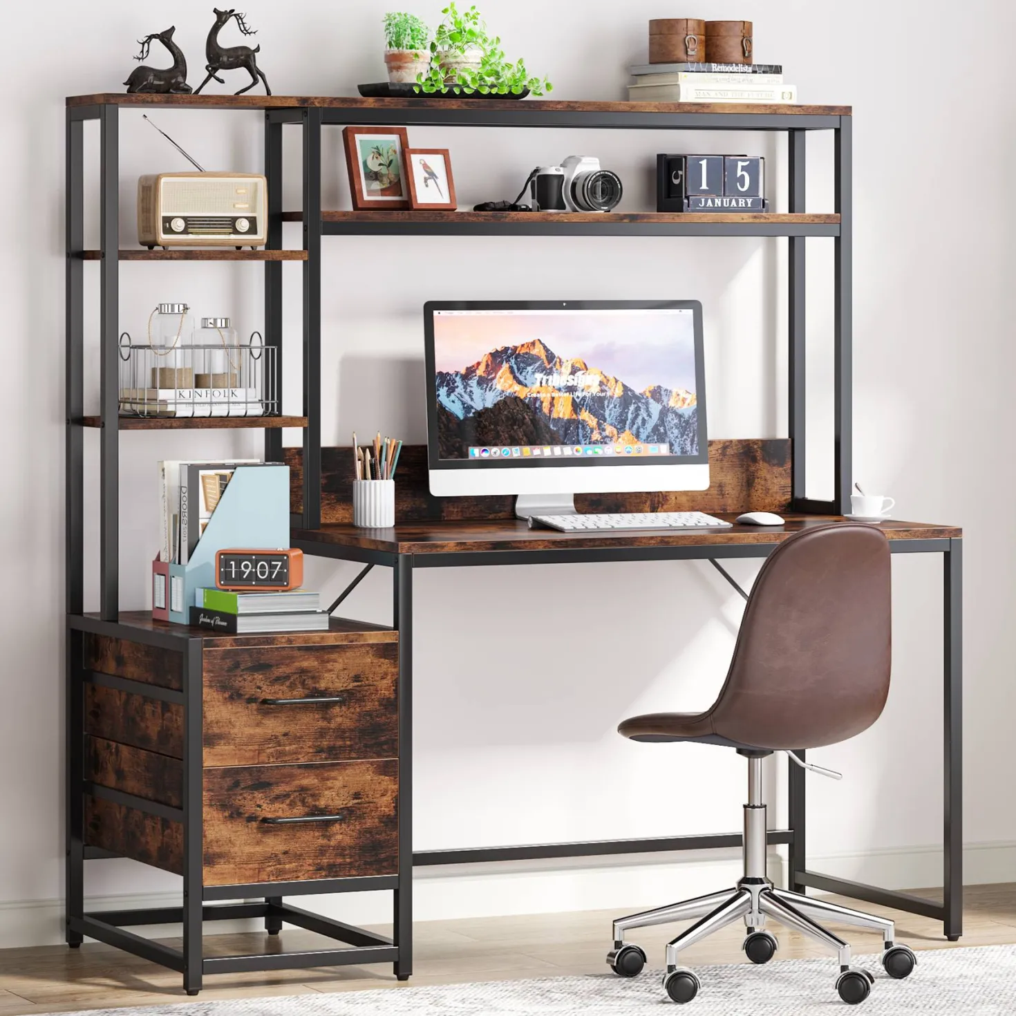 60" Tall Computer Desk Writing Table with 2 Drawers and Storage Shelves