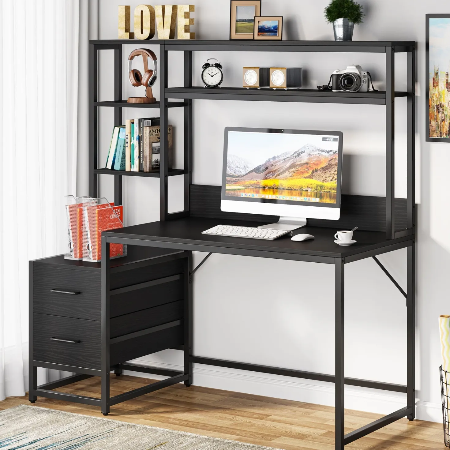 60" Tall Computer Desk Writing Table with 2 Drawers and Storage Shelves