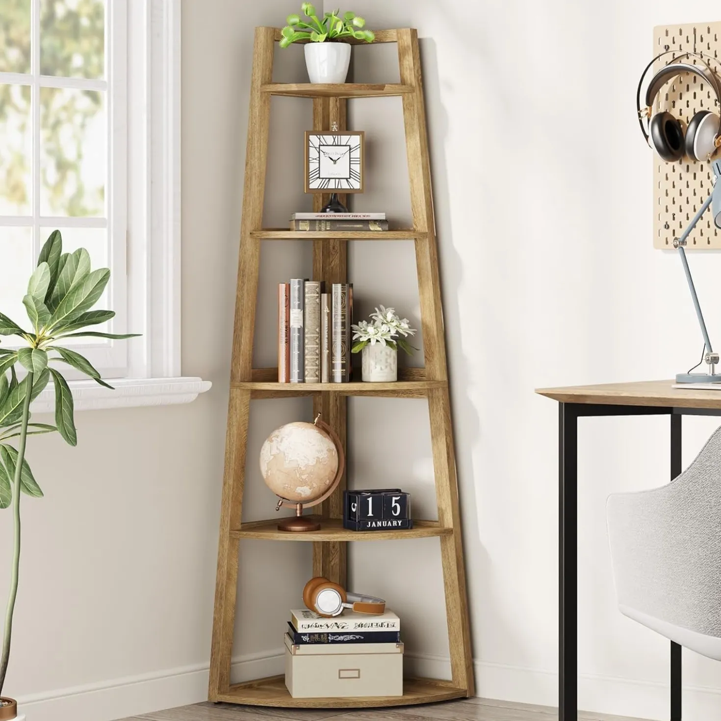70" Tall Corner Bookshelf, 5 Tier Modern Corner Bookcase Ladder Shelf Plant Stand