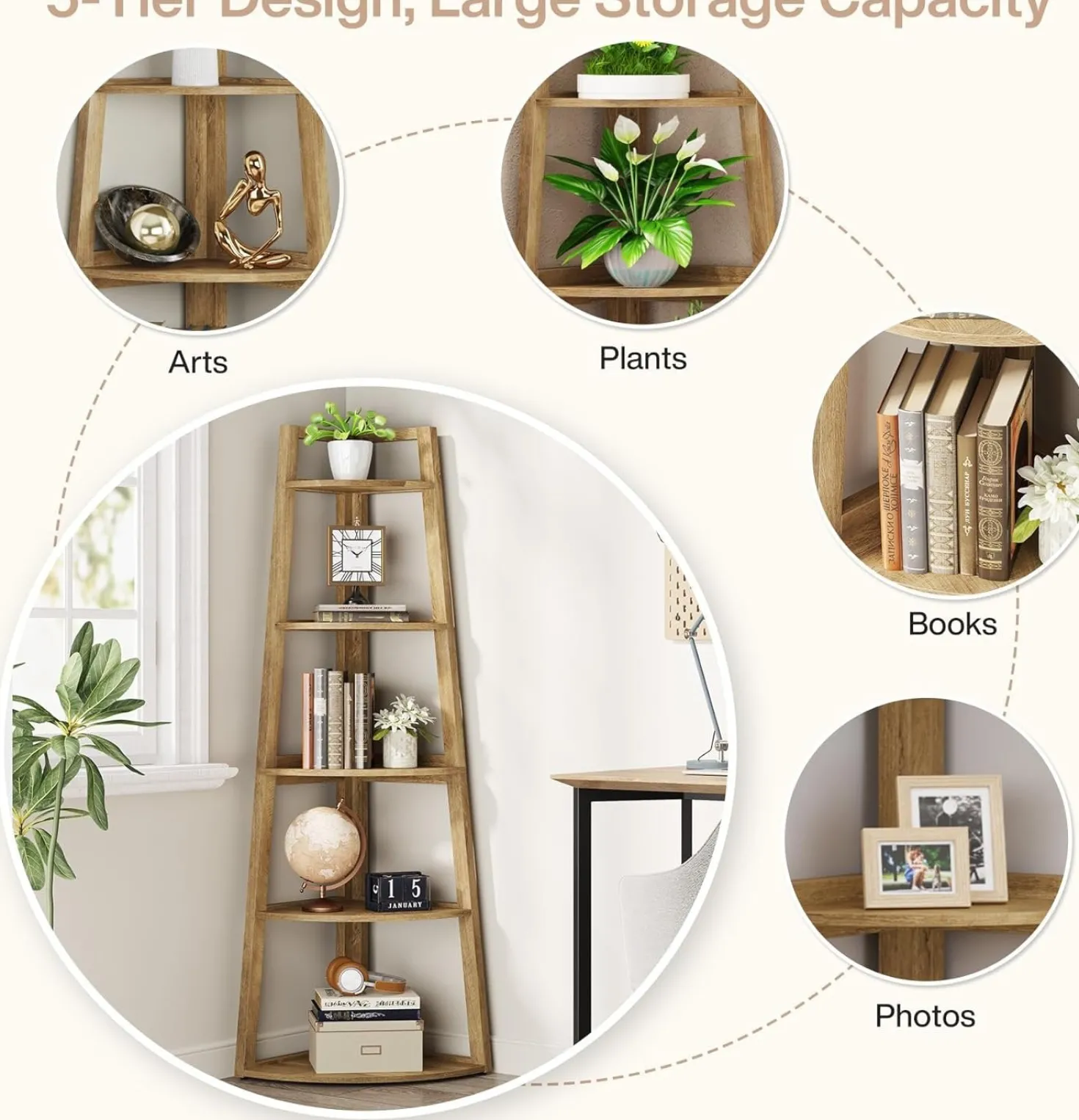 70" Tall Corner Bookshelf, 5 Tier Modern Corner Bookcase Ladder Shelf Plant Stand