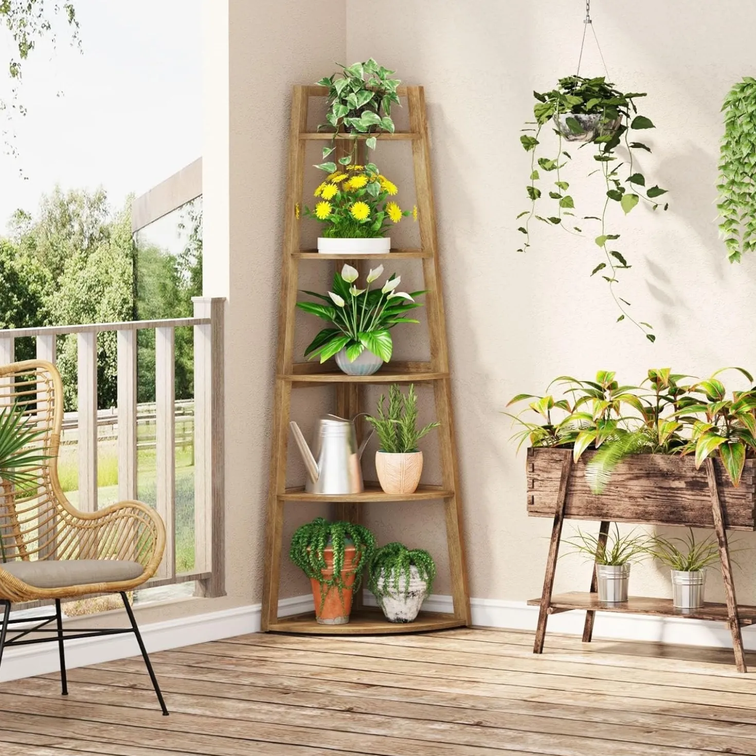 70" Tall Corner Bookshelf, 5 Tier Modern Corner Bookcase Ladder Shelf Plant Stand