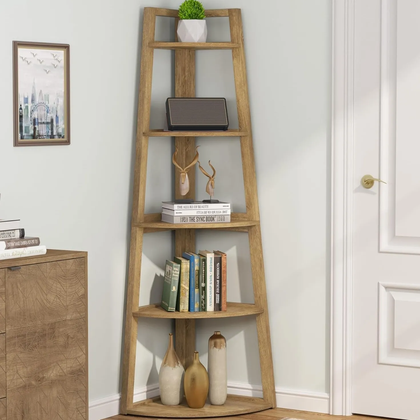 70" Tall Corner Bookshelf, 5 Tier Modern Corner Bookcase Ladder Shelf Plant Stand
