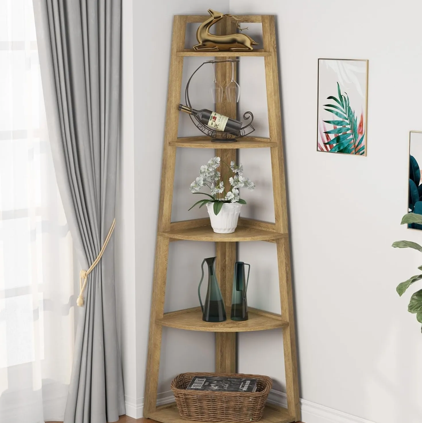 70" Tall Corner Bookshelf, 5 Tier Modern Corner Bookcase Ladder Shelf Plant Stand