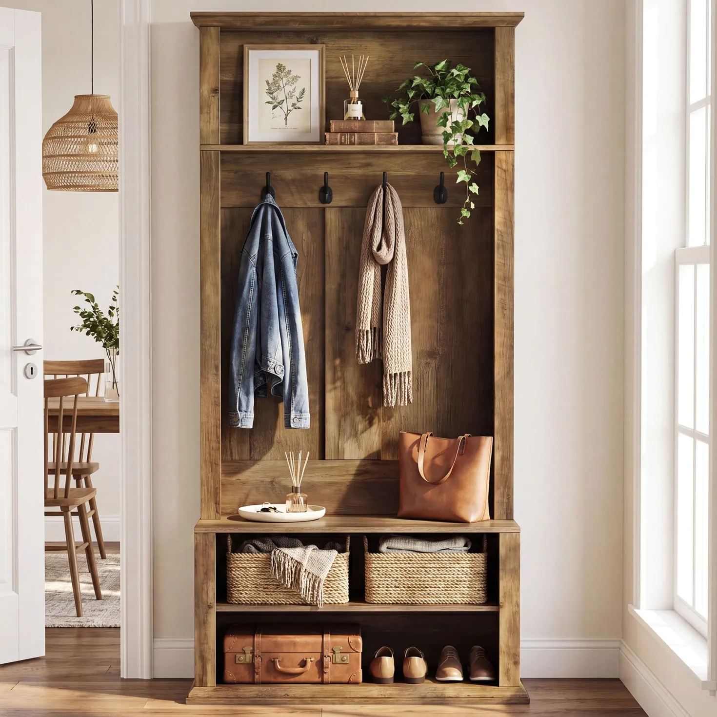 70.89" Tall Hall Tree, Entryway Coat Rack with Bench and Shoe Storage
