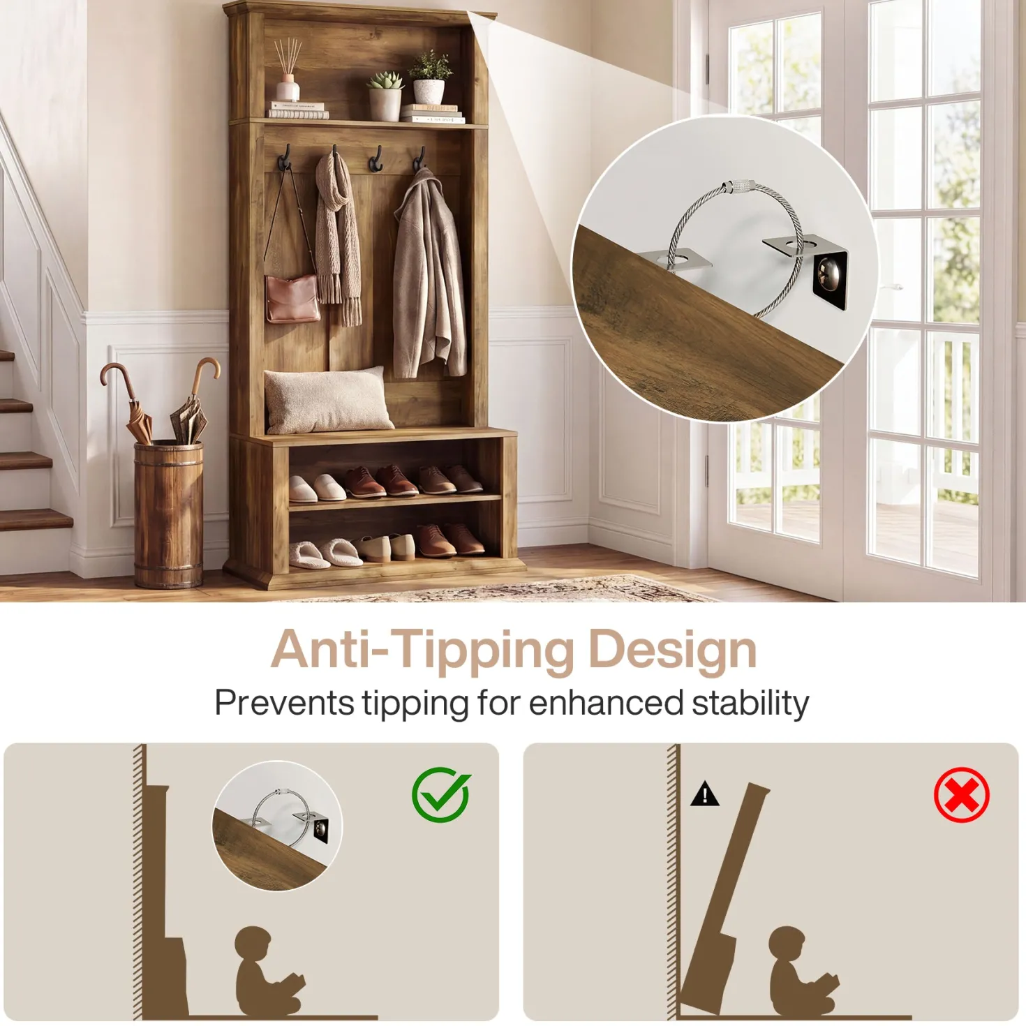 70.89" Tall Hall Tree, Entryway Coat Rack with Bench and Shoe Storage