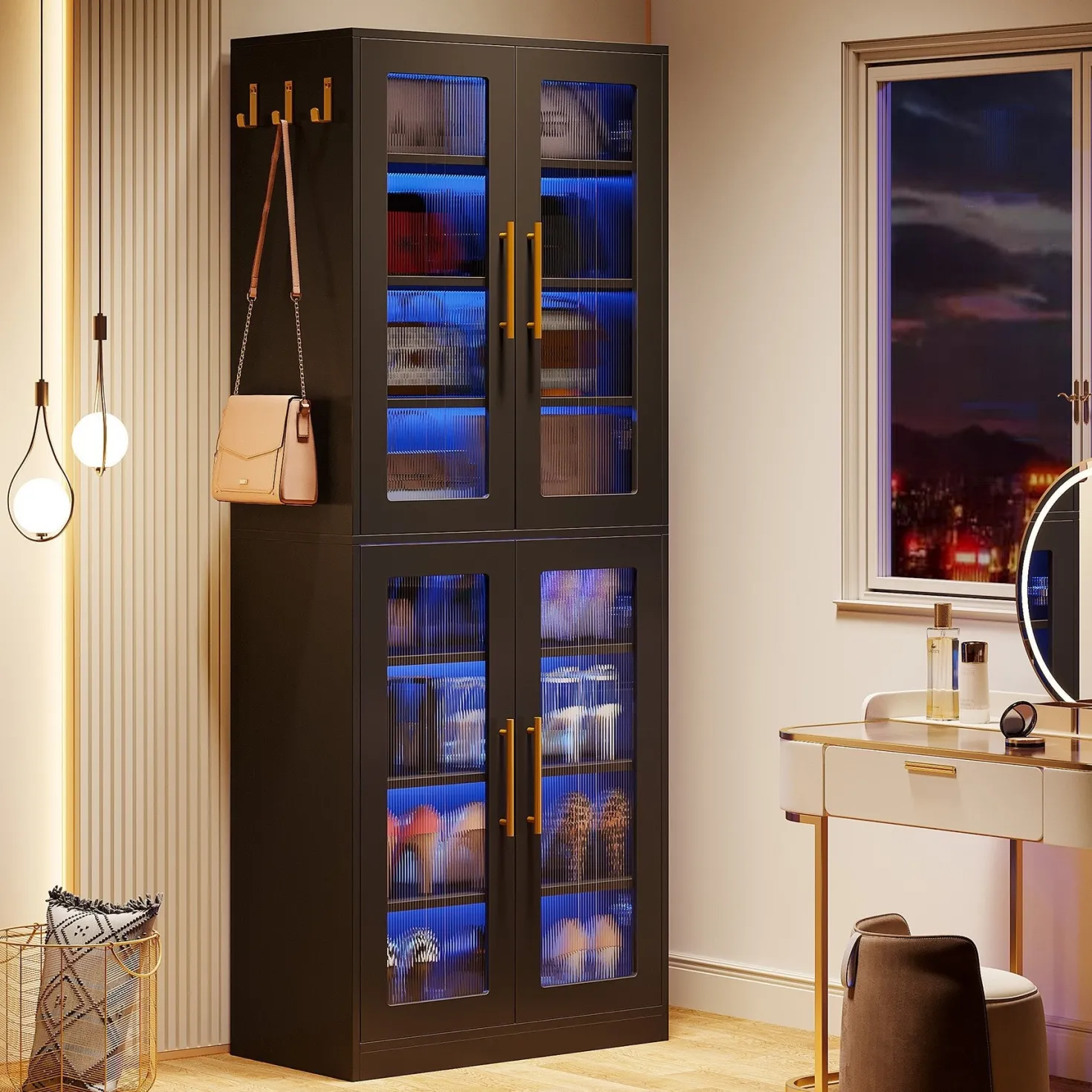 66.9" Tall Shoe Storage Cabinet, 8-Tier Entryway Shoe Organizer Rack with Acrylic Doors and LED Lights
