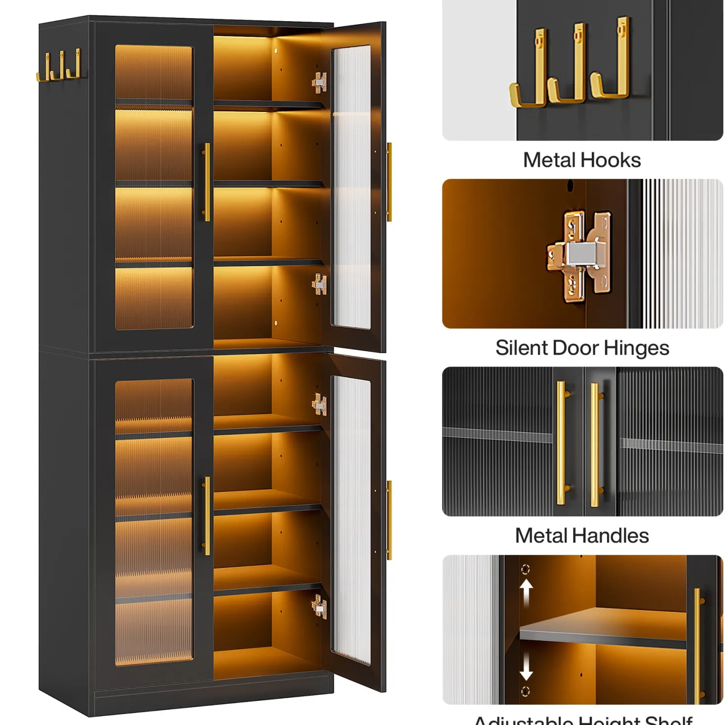 66.9" Tall Shoe Storage Cabinet, 8-Tier Entryway Shoe Organizer Rack with Acrylic Doors and LED Lights