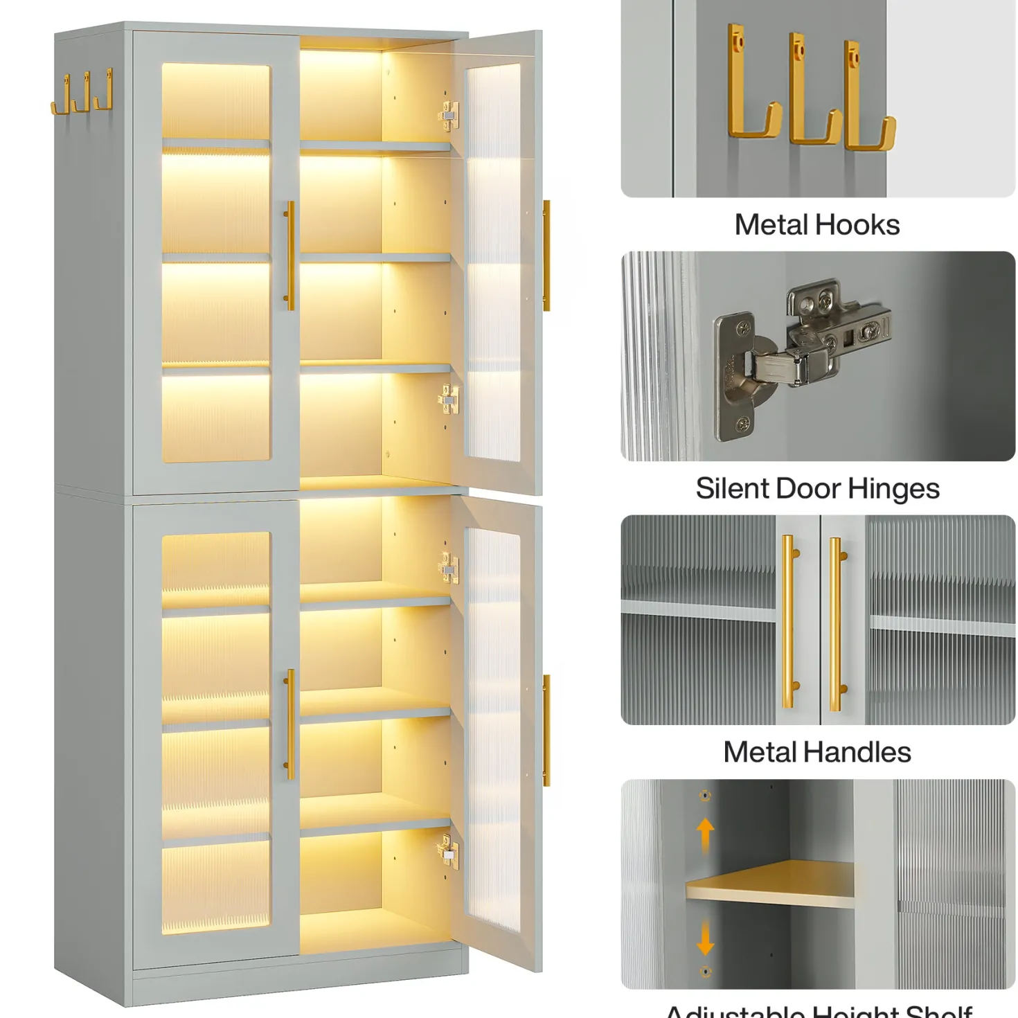 66.9" Tall Shoe Storage Cabinet, 8-Tier Entryway Shoe Organizer Rack with Acrylic Doors and LED Lights