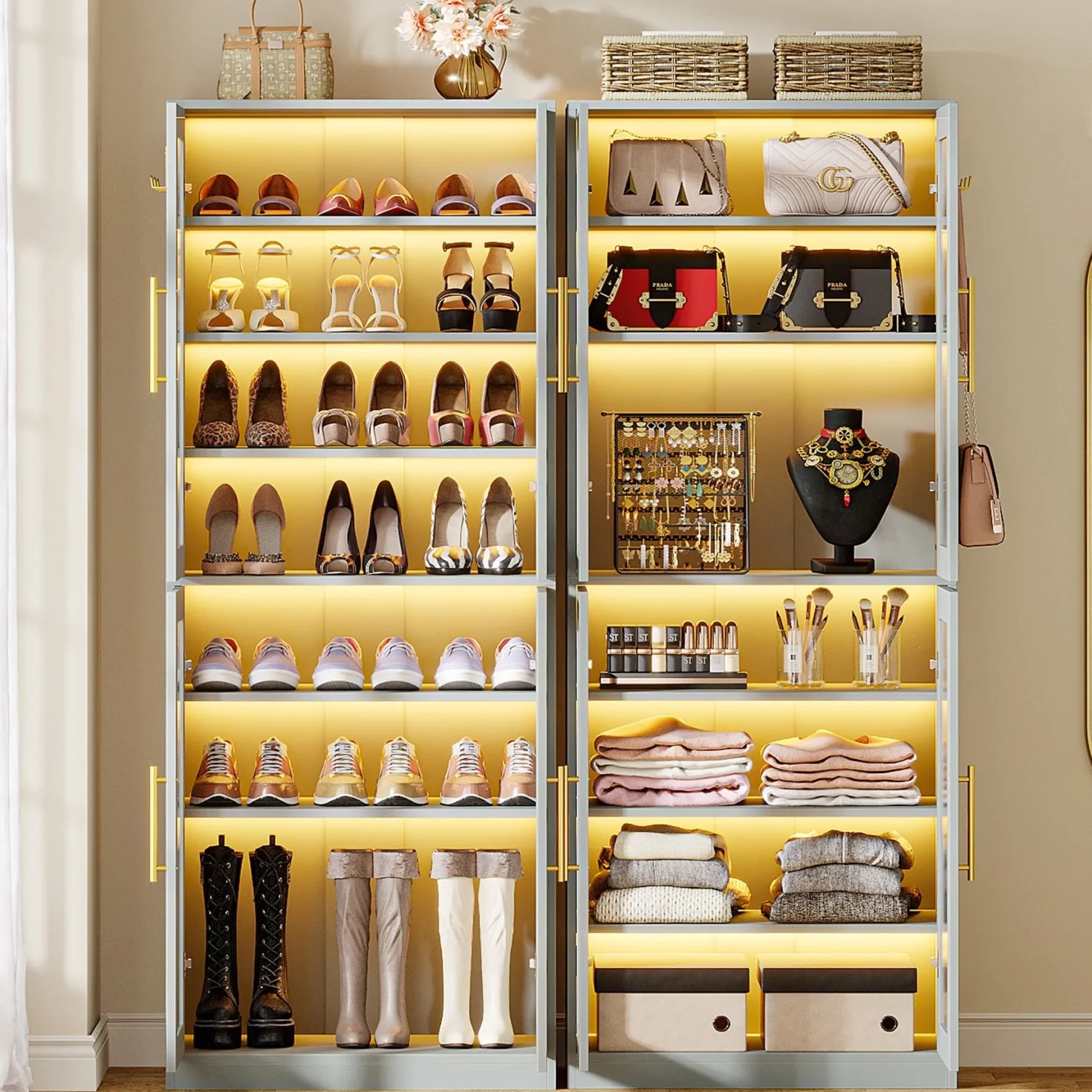 66.9" Tall Shoe Storage Cabinet, 8-Tier Entryway Shoe Organizer Rack with Acrylic Doors and LED Lights