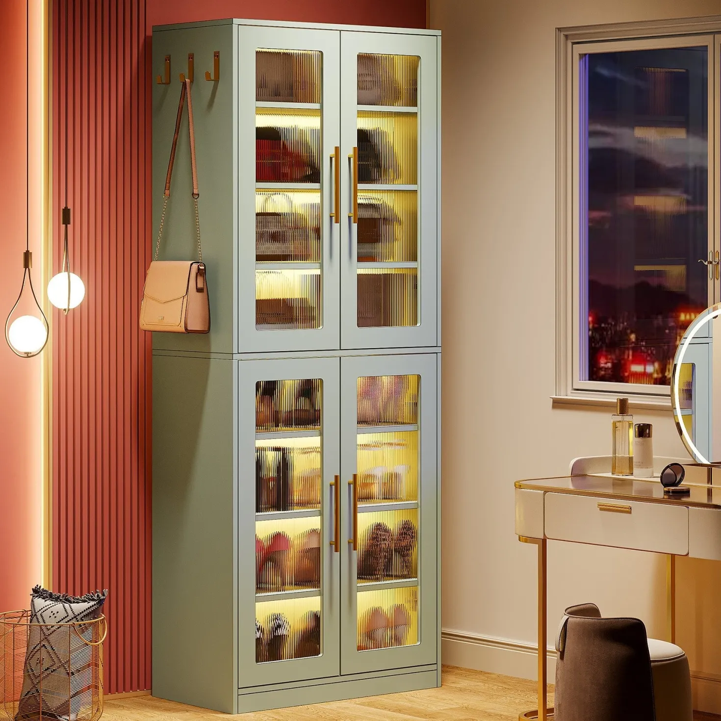66.9" Tall Shoe Storage Cabinet, 8-Tier Entryway Shoe Organizer Rack with Acrylic Doors and LED Lights