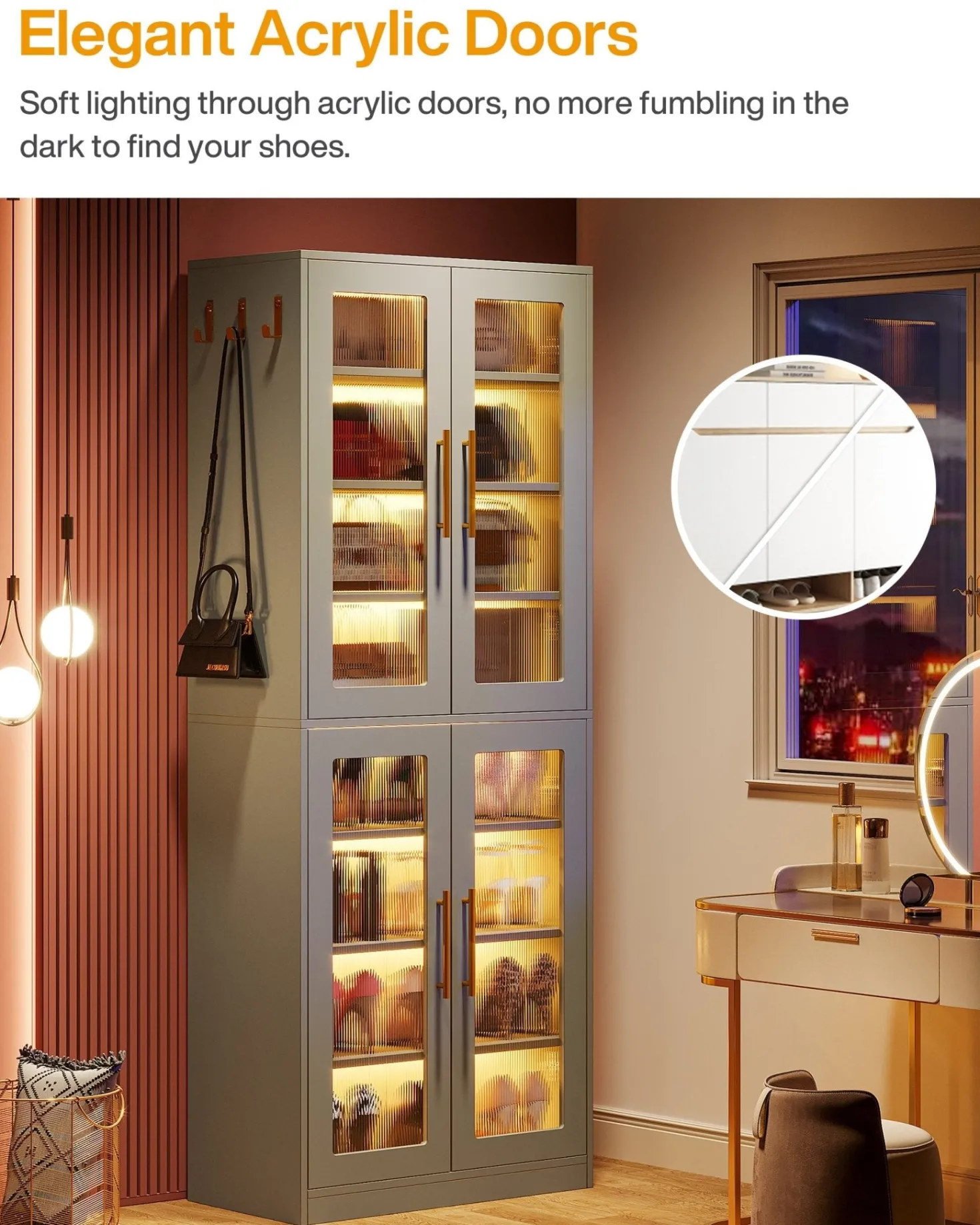 66.9" Tall Shoe Storage Cabinet, 8-Tier Entryway Shoe Organizer Rack with Acrylic Doors and LED Lights