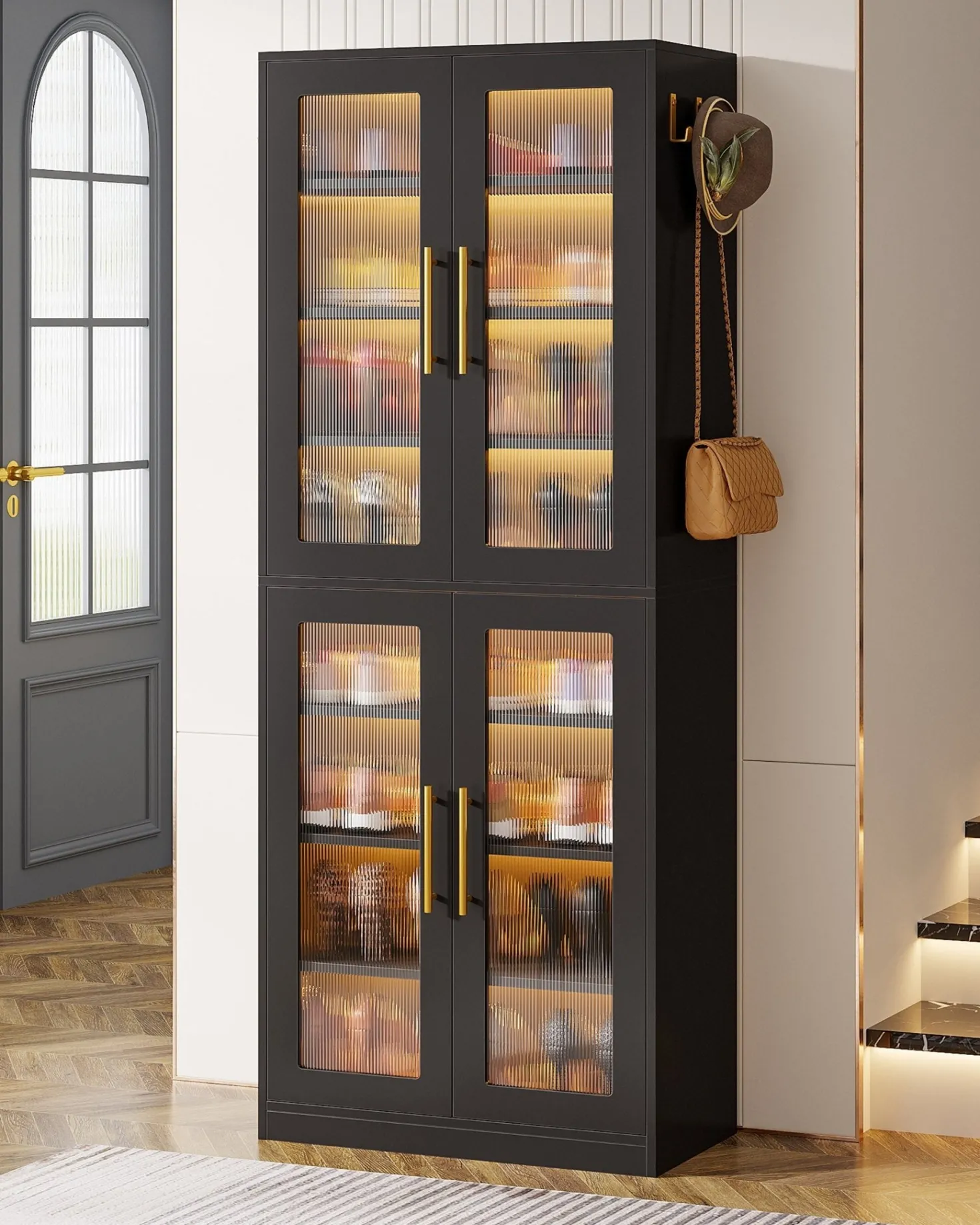 66.9" Tall Shoe Storage Cabinet, 8-Tier Entryway Shoe Organizer Rack with Acrylic Doors and LED Lights