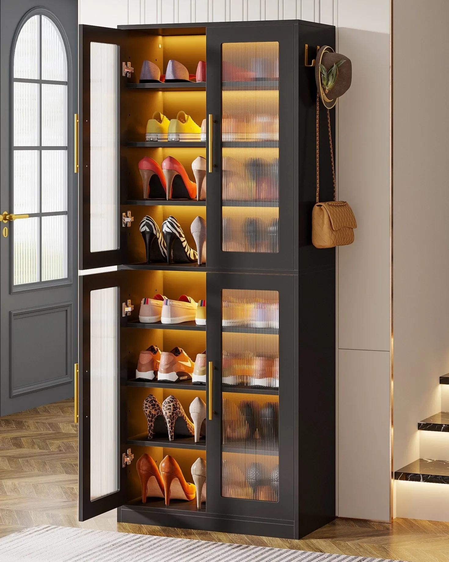 66.9" Tall Shoe Storage Cabinet, 8-Tier Entryway Shoe Organizer Rack with Acrylic Doors and LED Lights