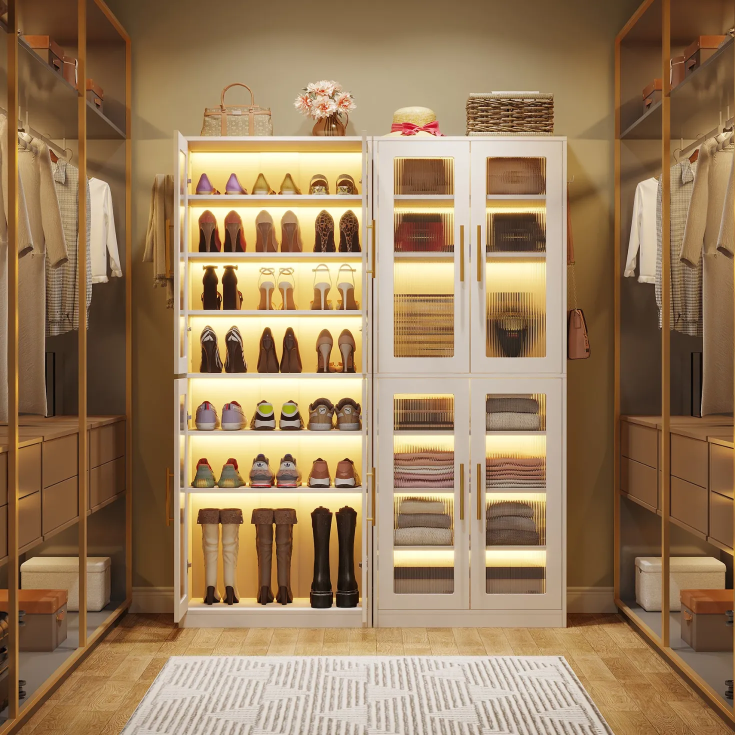 66.9" Tall Shoe Storage Cabinet, 8-Tier Entryway Shoe Organizer Rack with Acrylic Doors and LED Lights