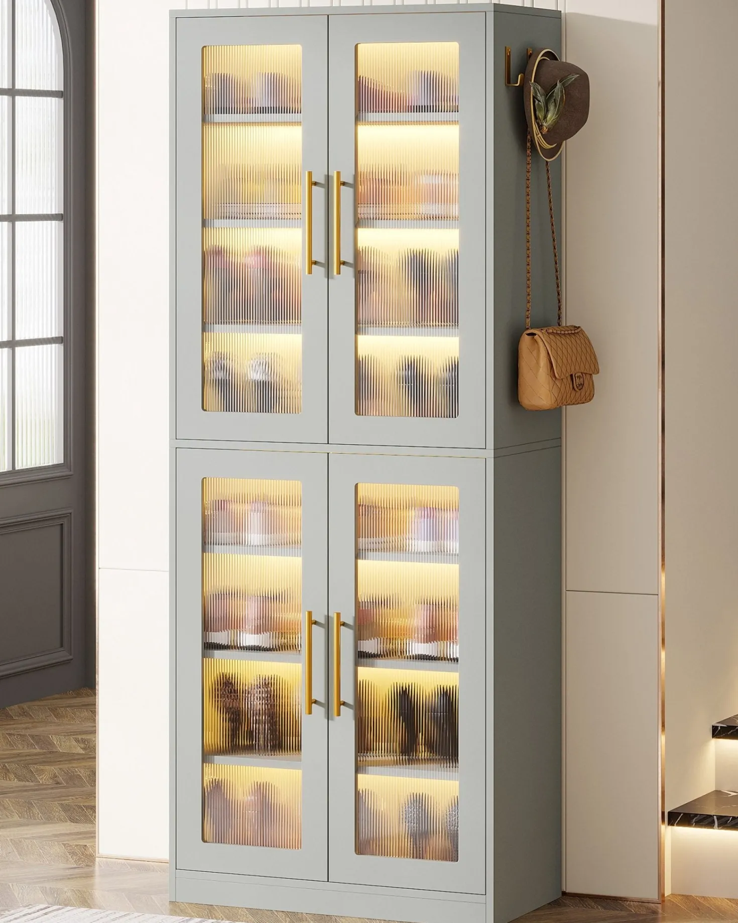 66.9" Tall Shoe Storage Cabinet, 8-Tier Entryway Shoe Organizer Rack with Acrylic Doors and LED Lights