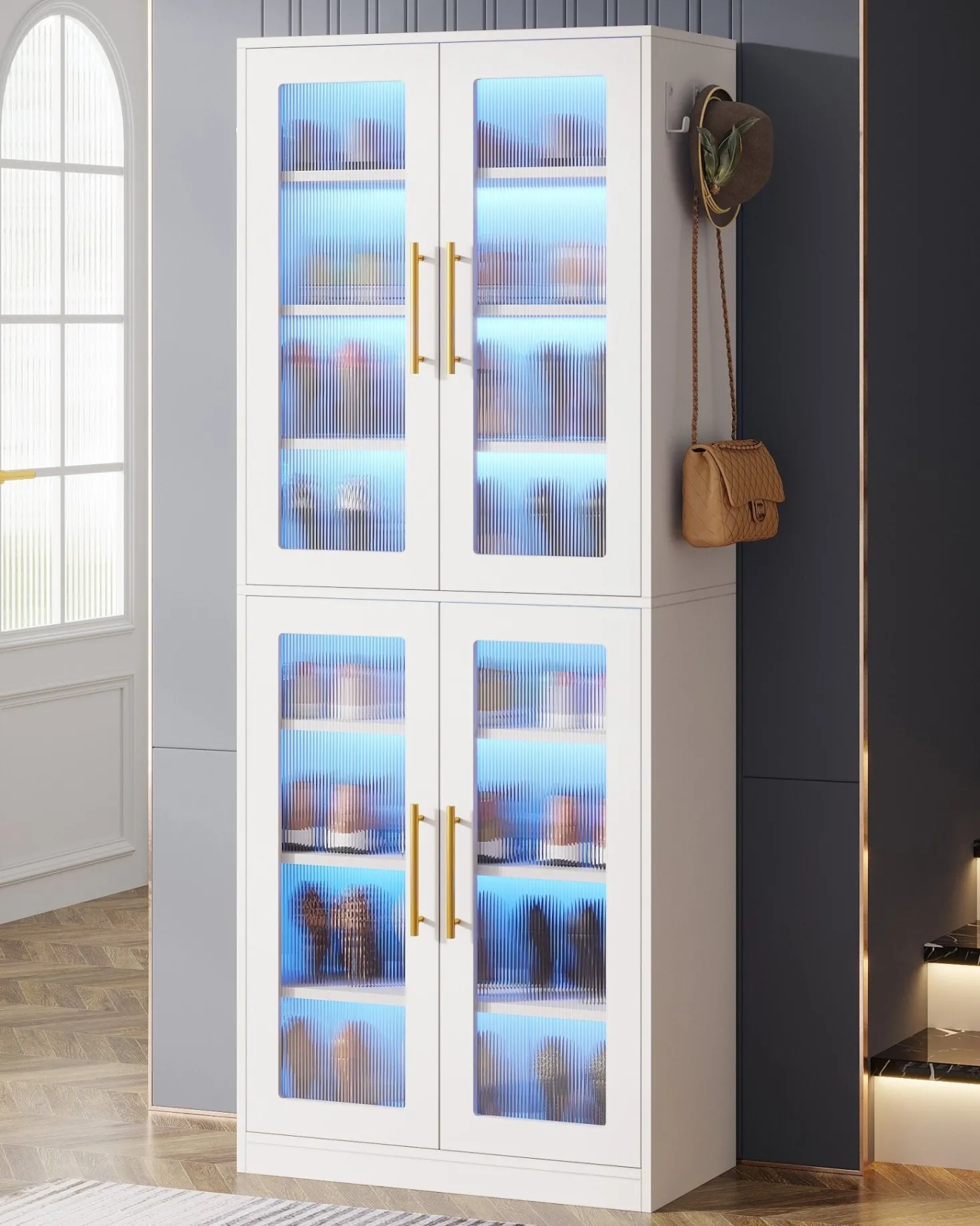 66.9" Tall Shoe Storage Cabinet, 8-Tier Entryway Shoe Organizer Rack with Acrylic Doors and LED Lights