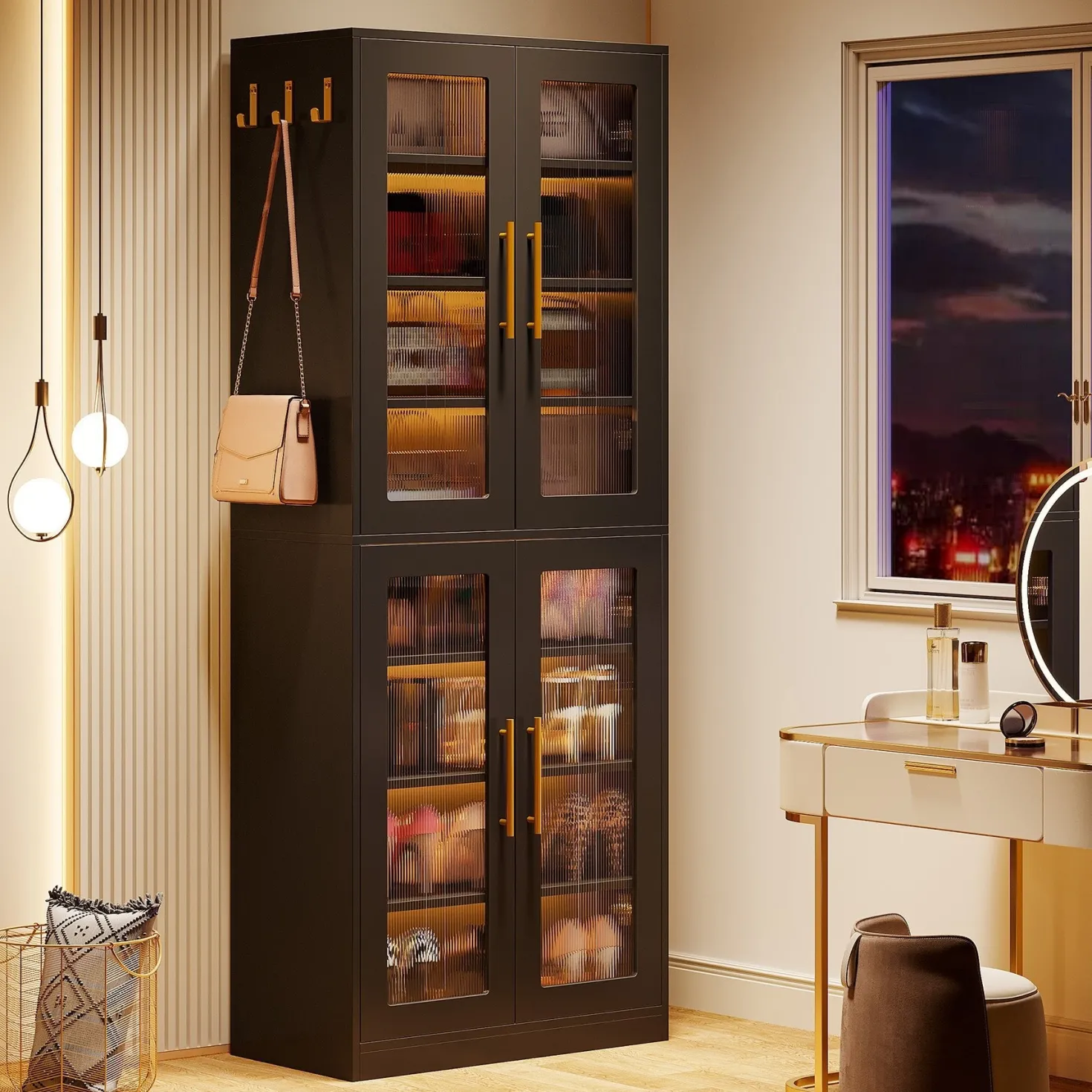 66.9" Tall Shoe Storage Cabinet, 8-Tier Entryway Shoe Organizer Rack with Acrylic Doors and LED Lights