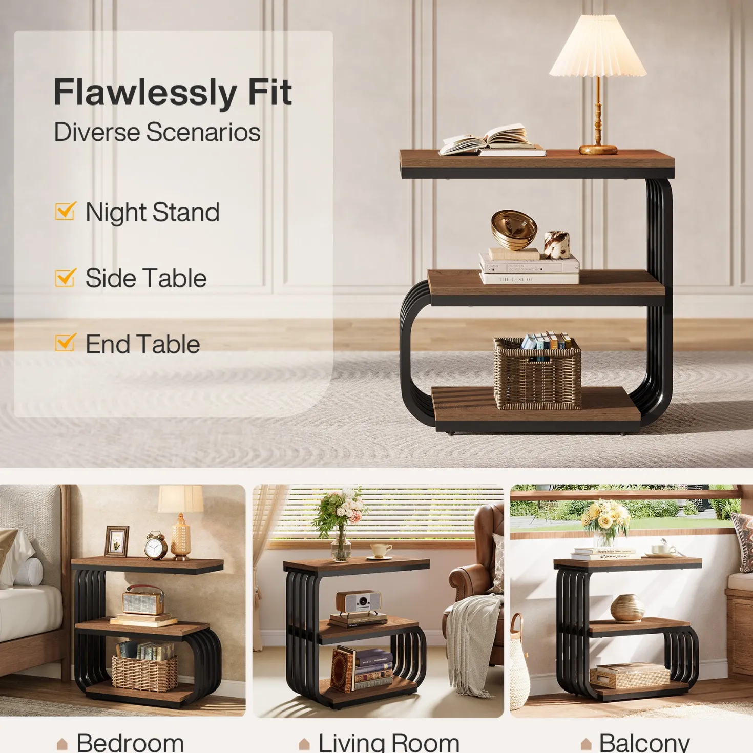3 Tier End Table, Vintage Side or Bedside Stand for Living Room