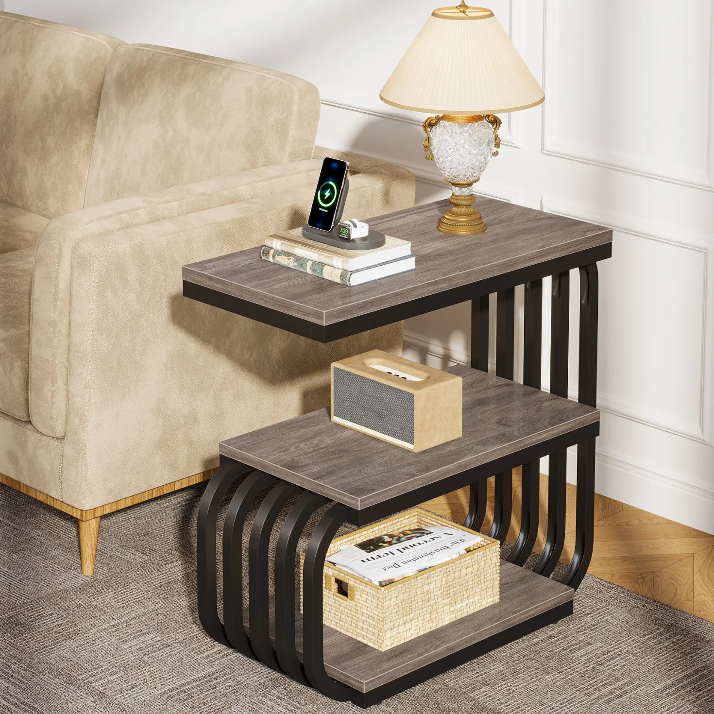 3 Tier End Table, Vintage Side or Bedside Stand for Living Room