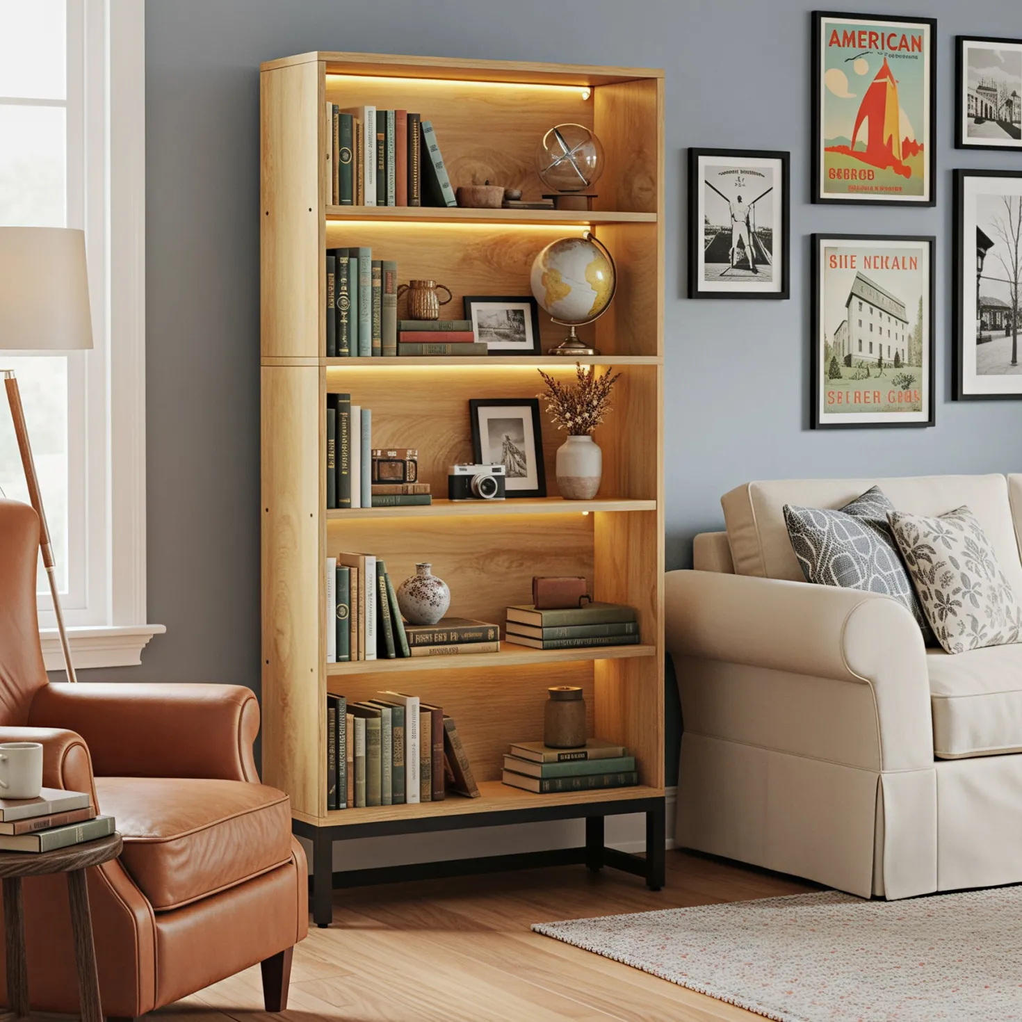 70.4" 5-Tier Freestanding Bookshelf with LED Lights, Heavy-Duty Bookcase Display Organizer