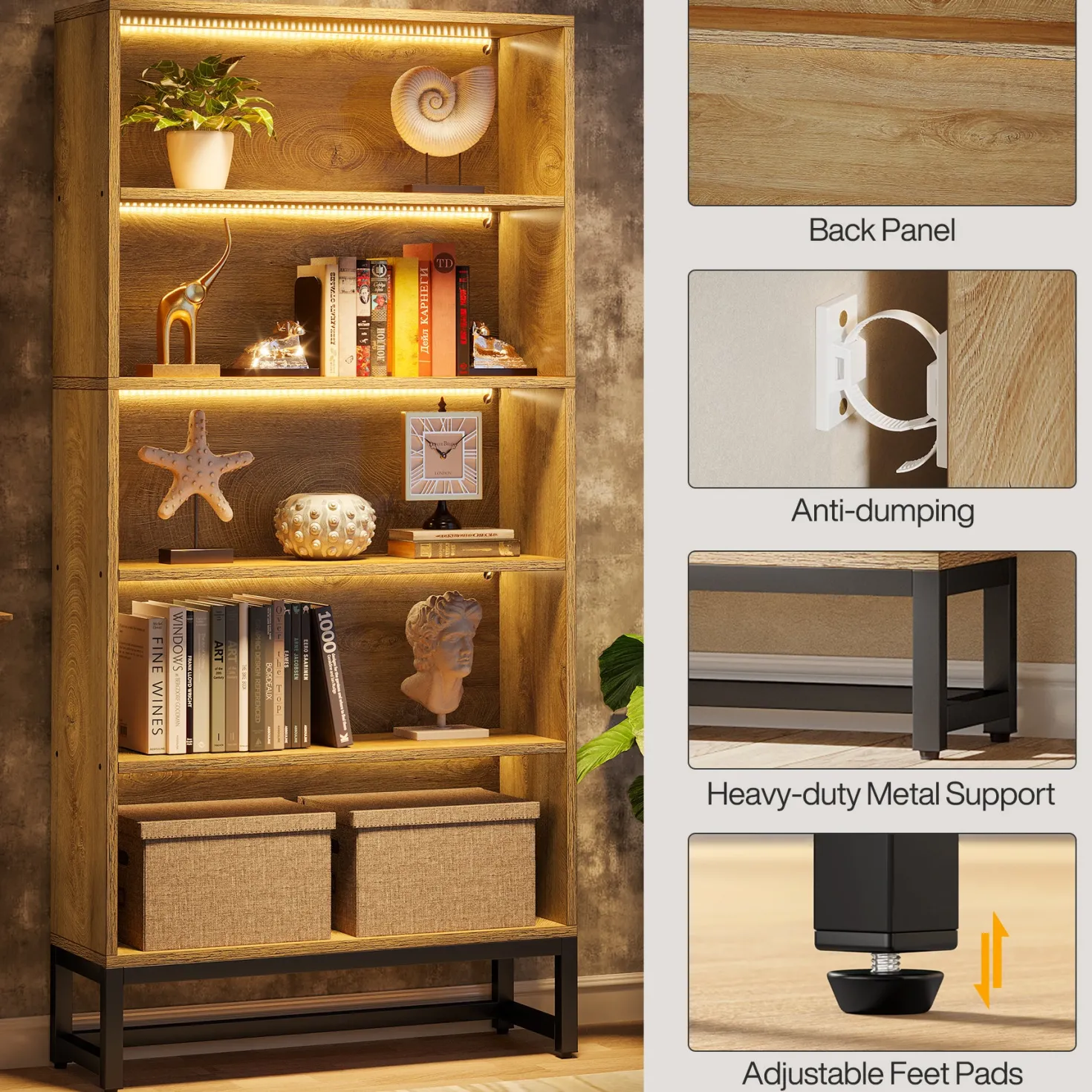 70.4" 5-Tier Freestanding Bookshelf with LED Lights, Heavy-Duty Bookcase Display Organizer