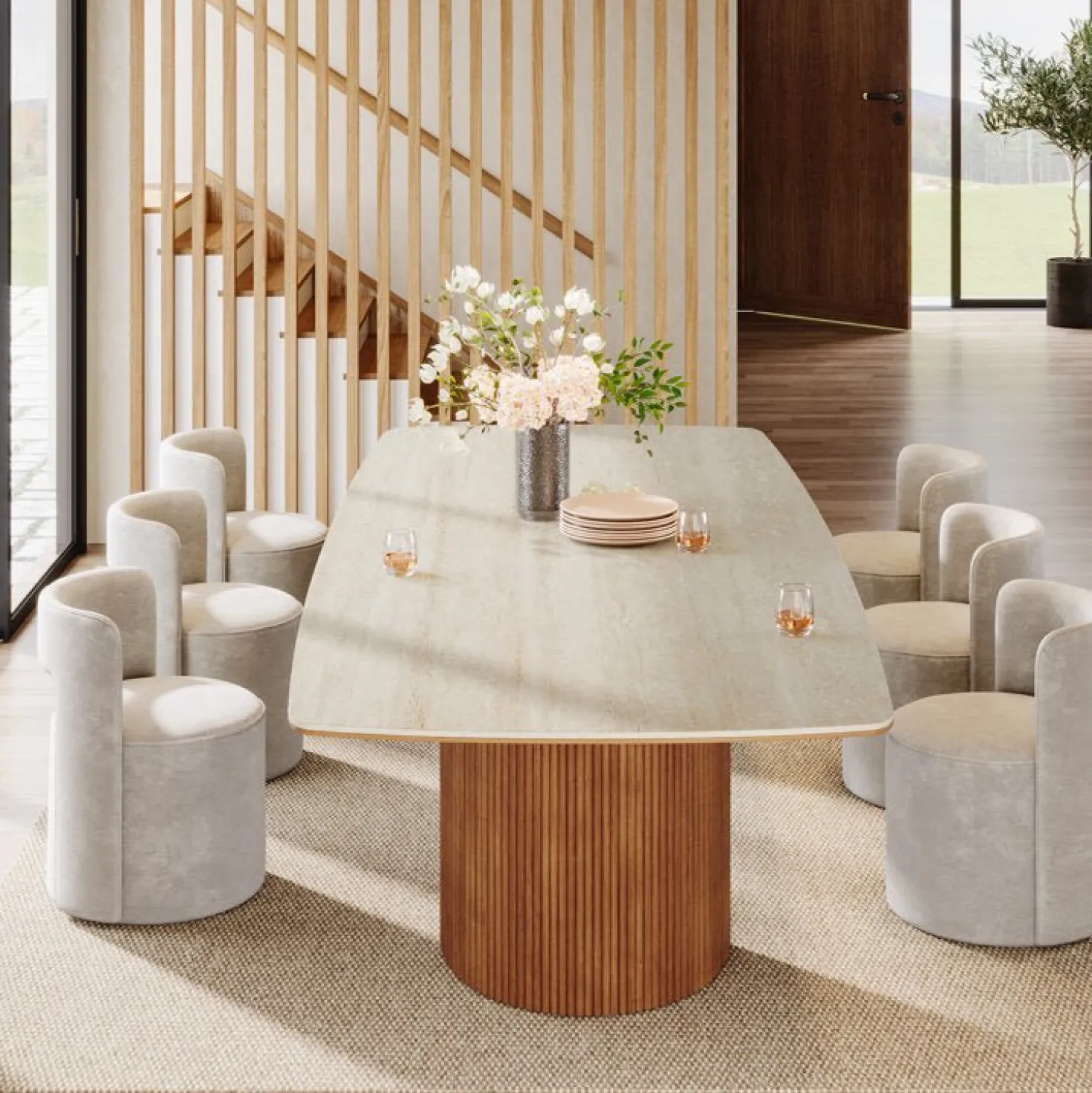 78.7" Travertine Slab Dining Table With Semi-Circular Stripe Base