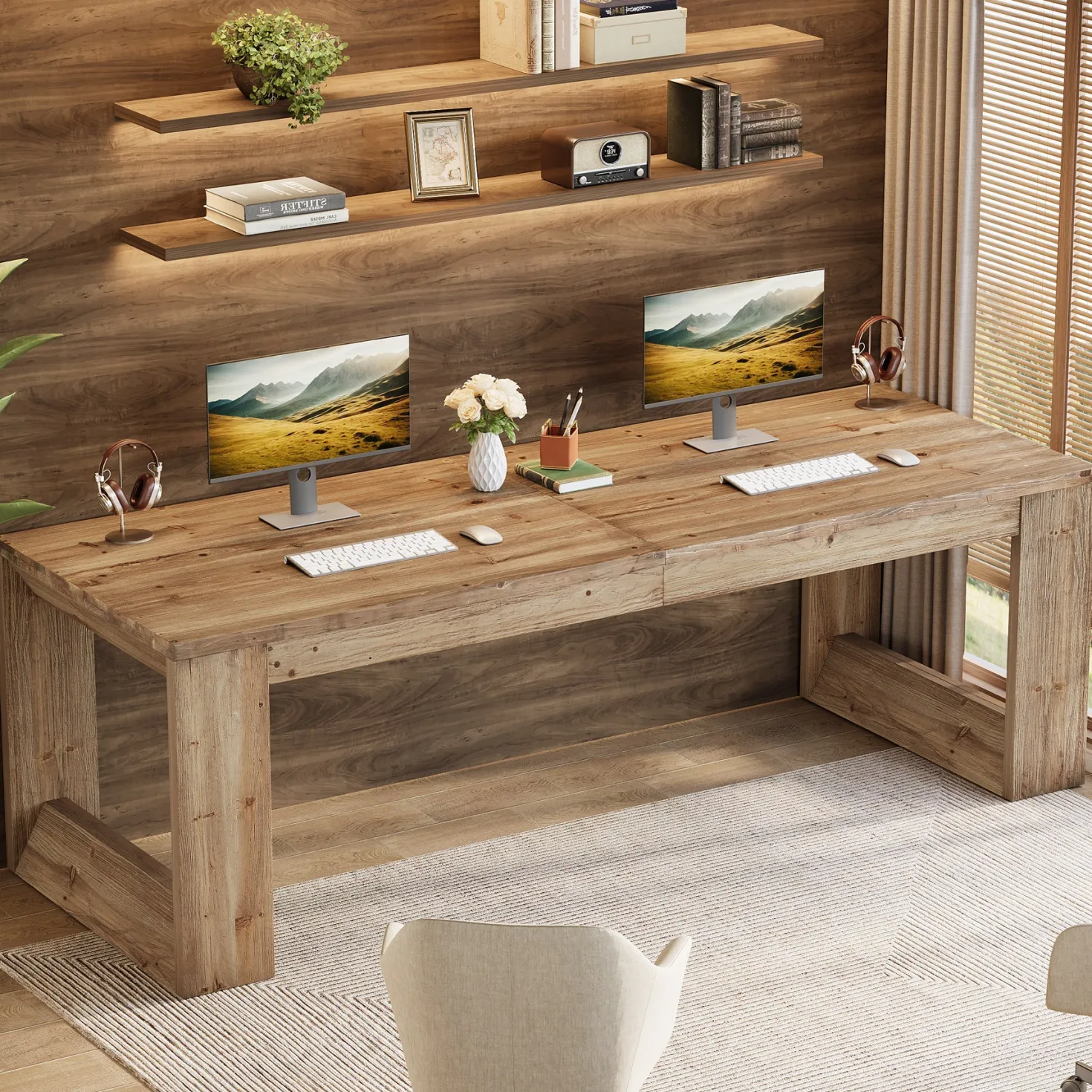 86.6" Two Person Desk, Farmhouse Solid Wood Computer Desk for Home Office