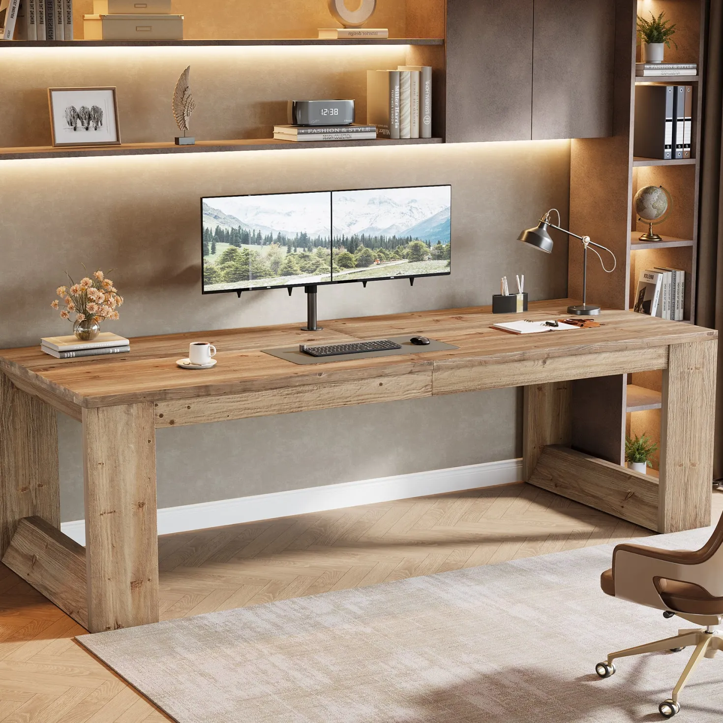 86.6" Two Person Desk, Farmhouse Solid Wood Computer Desk for Home Office