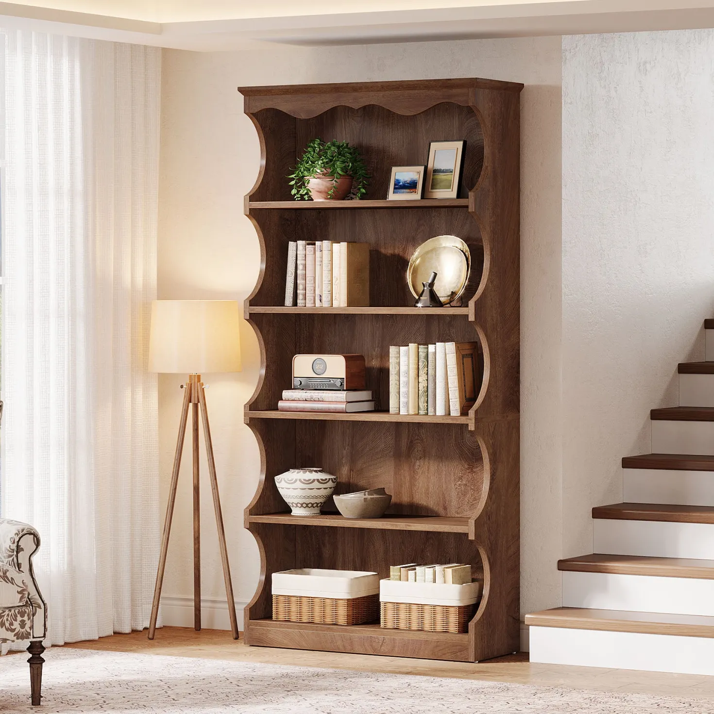 70" Vintage Bookcase, 5-Tier Bookshelf Display Shelves with Unique Curved-Edge Design