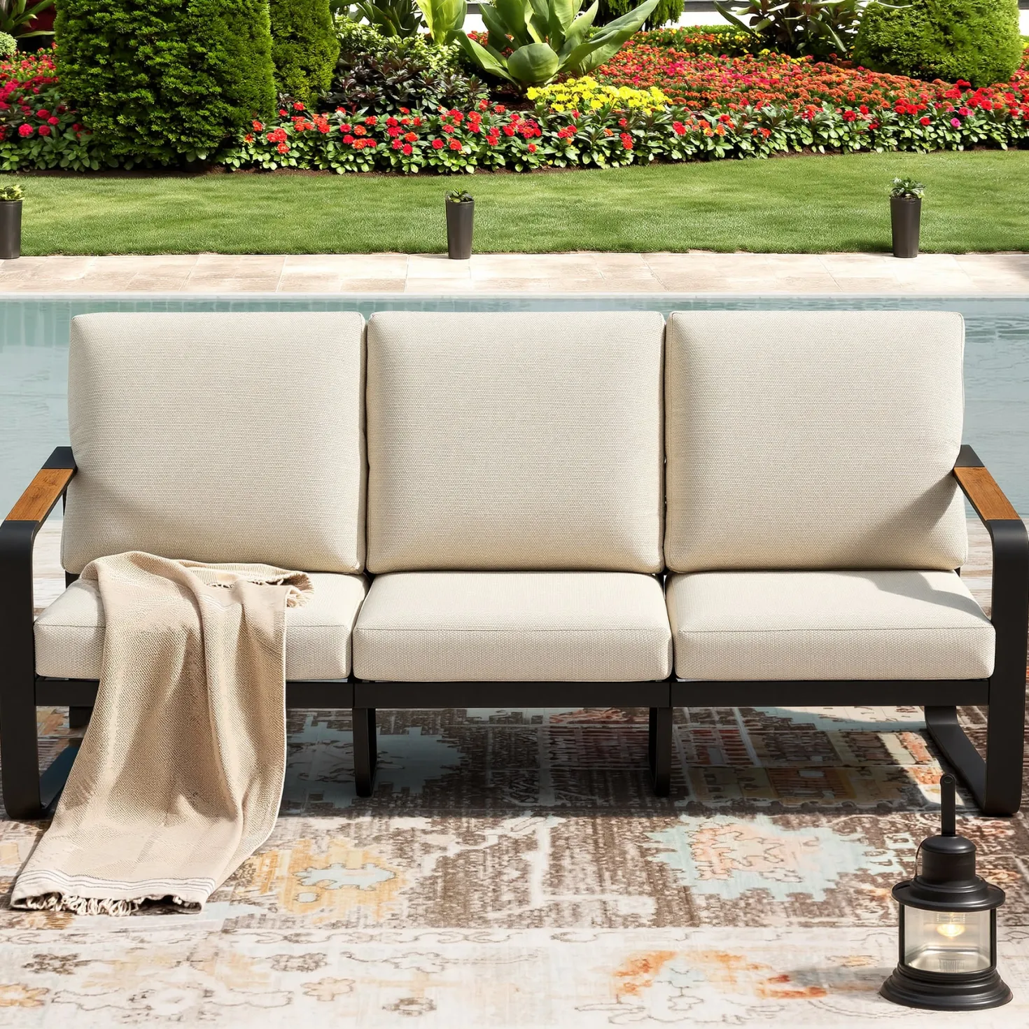 78.7" Wide Outdoor Bench, 3-Person Patio Sofa with Removable Cushions