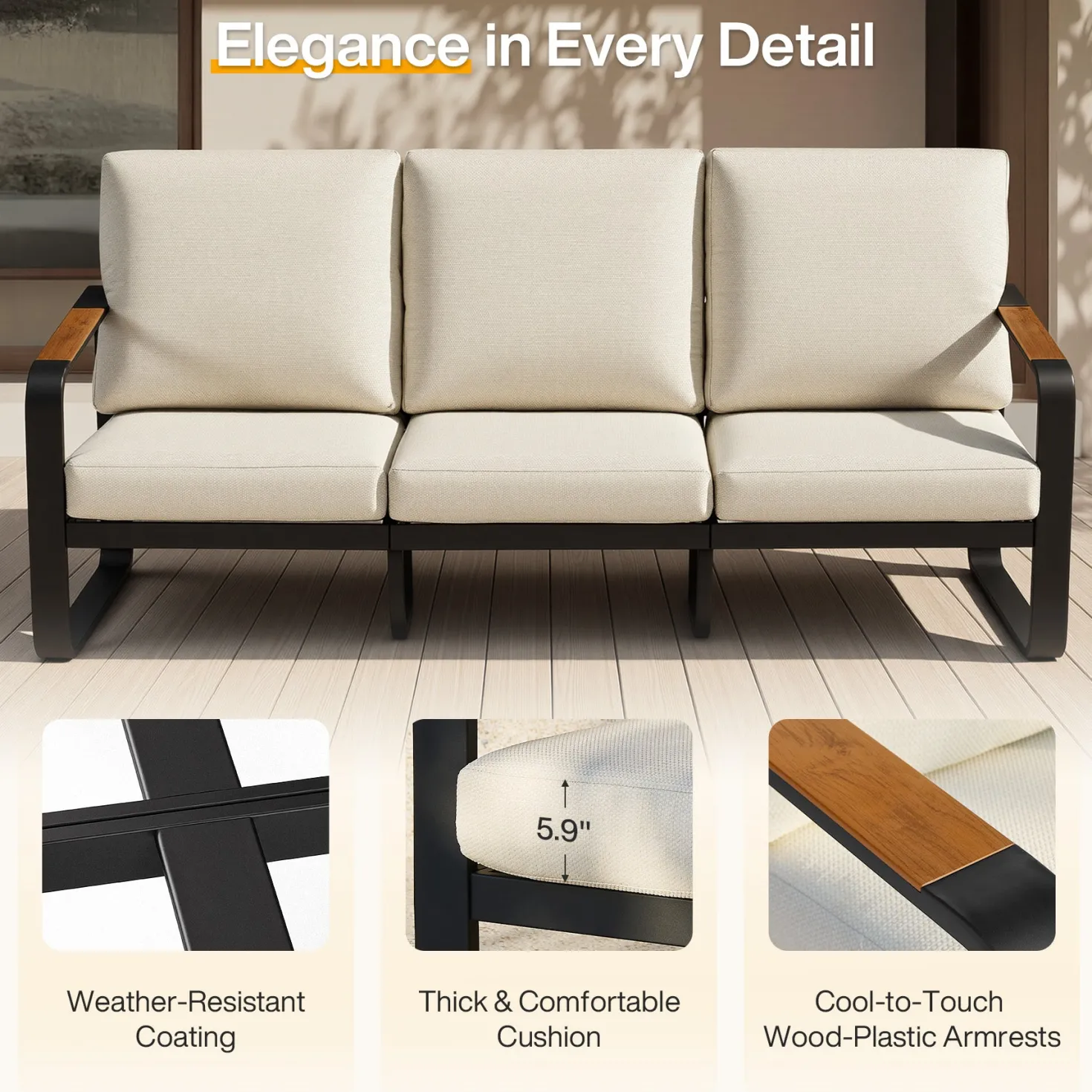 78.7" Wide Outdoor Bench, 3-Person Patio Sofa with Removable Cushions