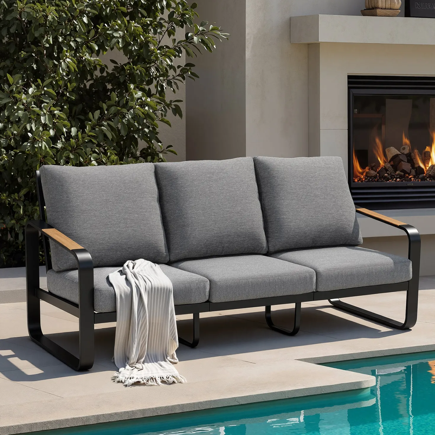 78.7" Wide Outdoor Bench, 3-Person Patio Sofa with Removable Cushions
