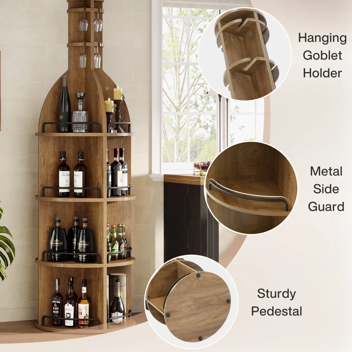 75" Wine Rack with Shelves, Round Wine Cabinet with Hanging Goblet Holder (No Lights)