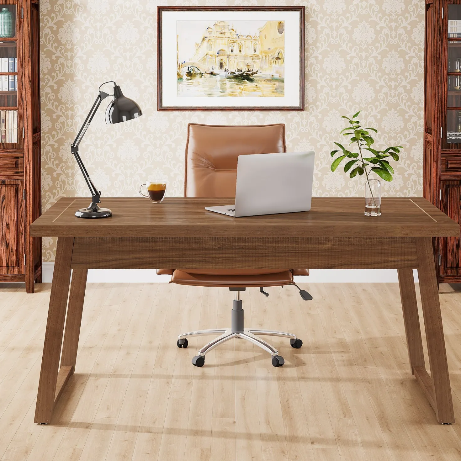 55" Wood Computer Desk, Mid-Century Modern Study Writing Table with Drawer
