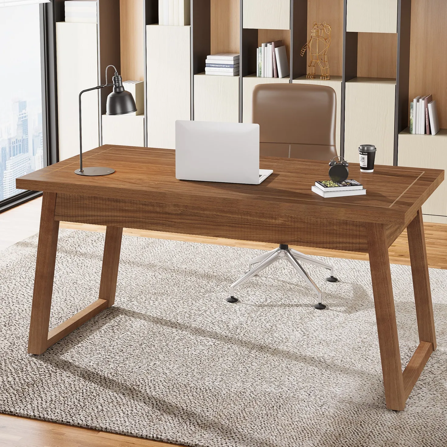 55" Wood Computer Desk, Mid-Century Modern Study Writing Table with Drawer