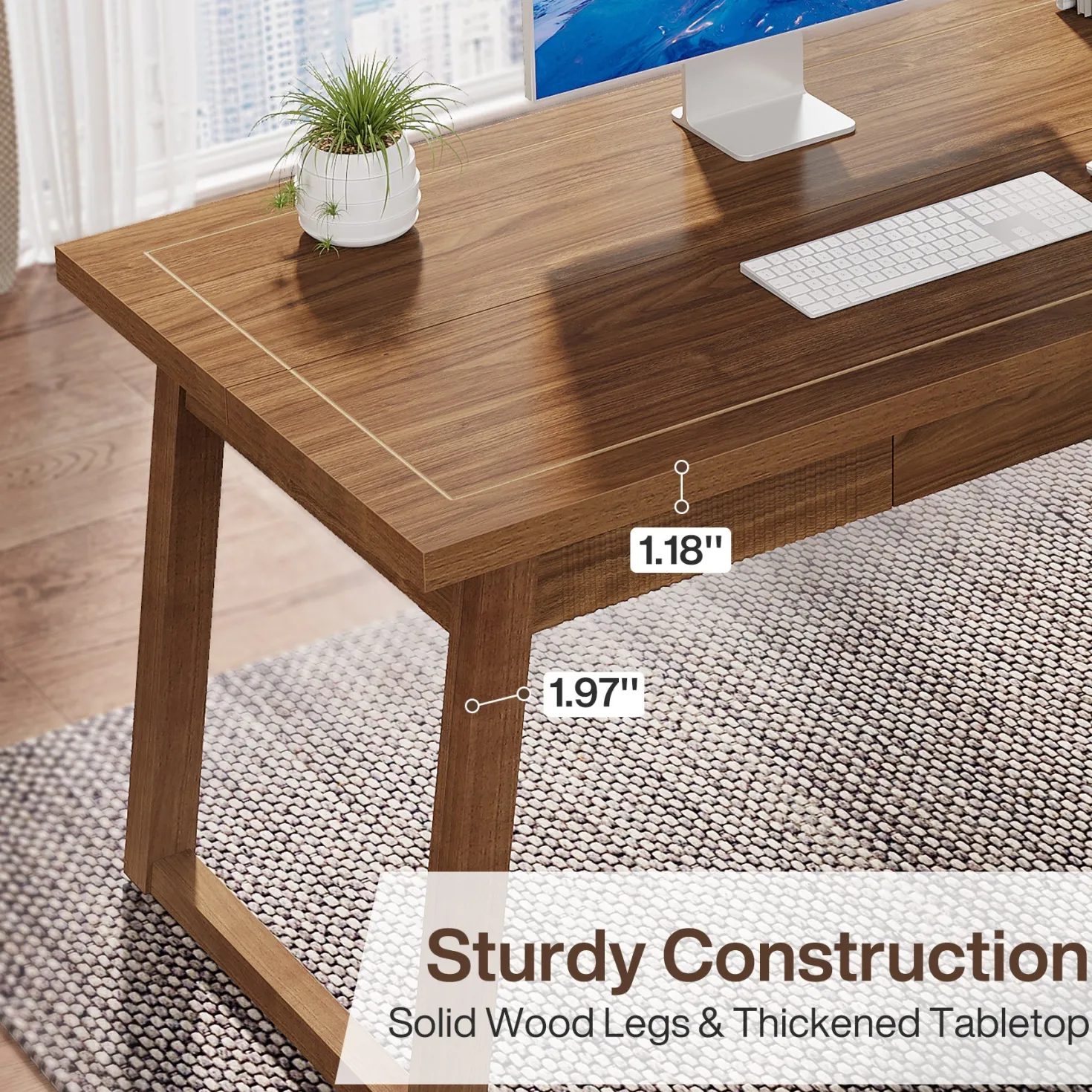 55" Wood Computer Desk, Mid-Century Modern Study Writing Table with Drawer